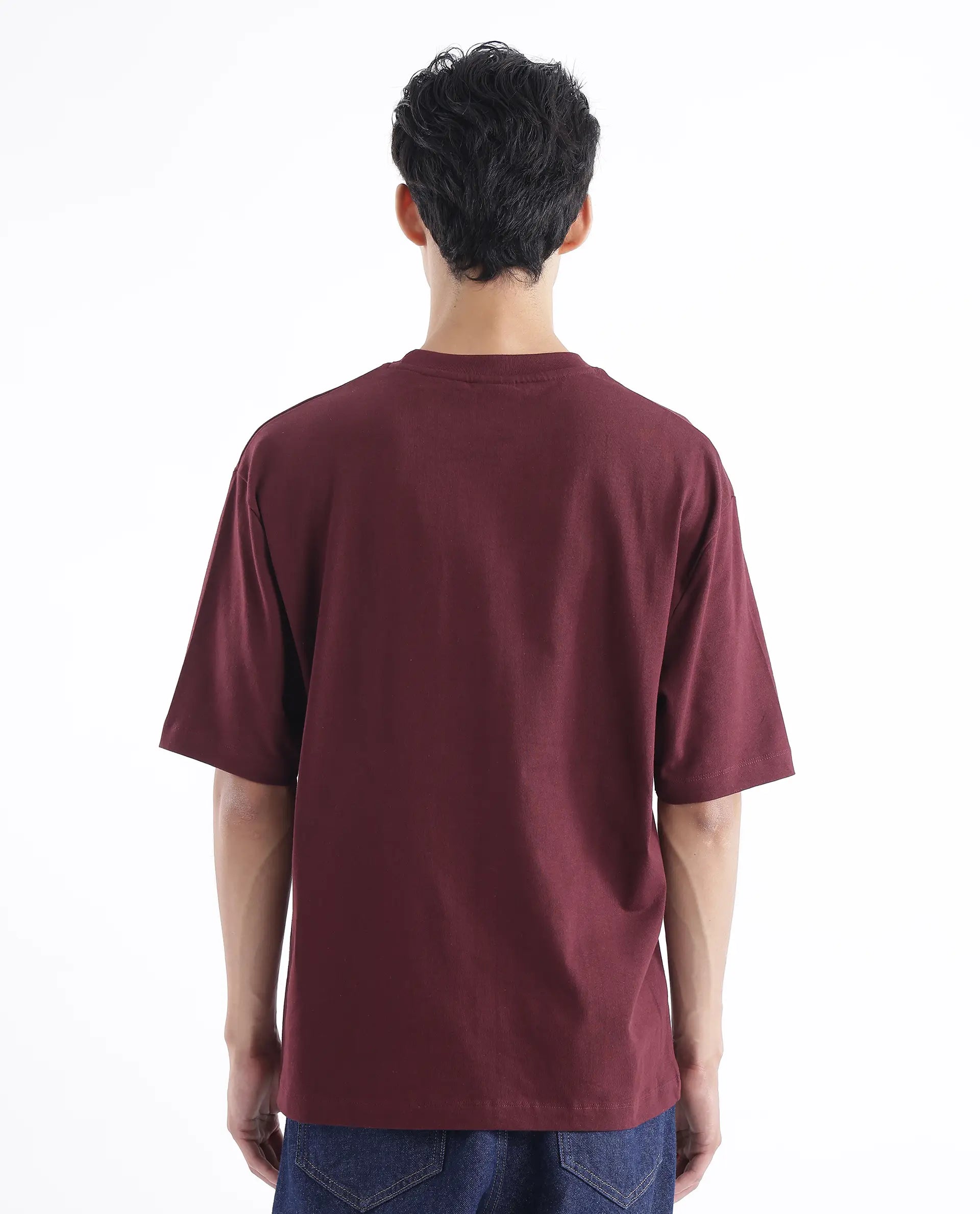 Rare Rabbit Men Zee's Maroon Cotton Fabric Short Sleeve Crew Neck Oversized Fit Graphic Print T-Shirt