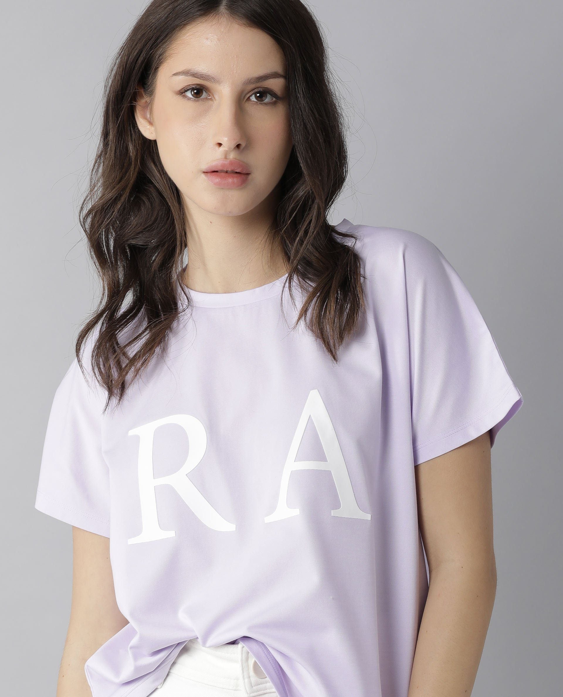 Rareism Women Zeg Light Purple Cotton Fabric Regular Fit Half Sleeves Graphic Print Crew Neck T-Shirt