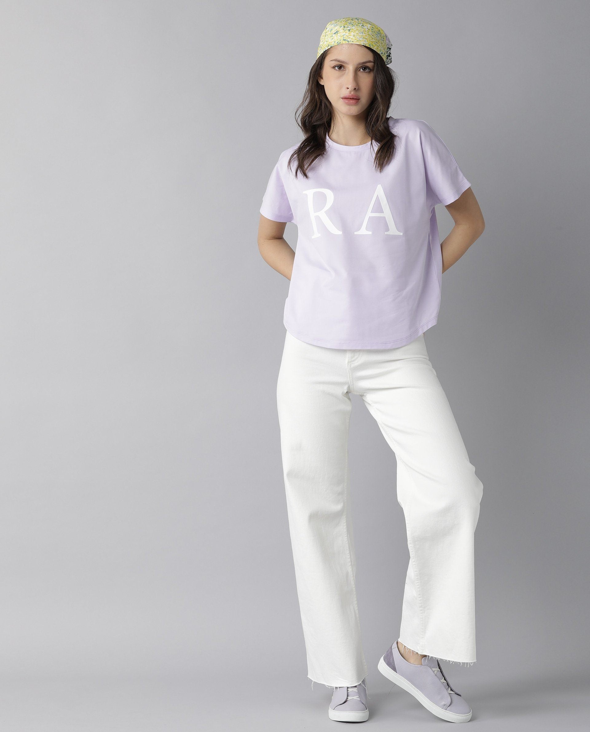 Rareism Women Zeg Light Purple Cotton Fabric Regular Fit Half Sleeves Graphic Print Crew Neck T-Shirt