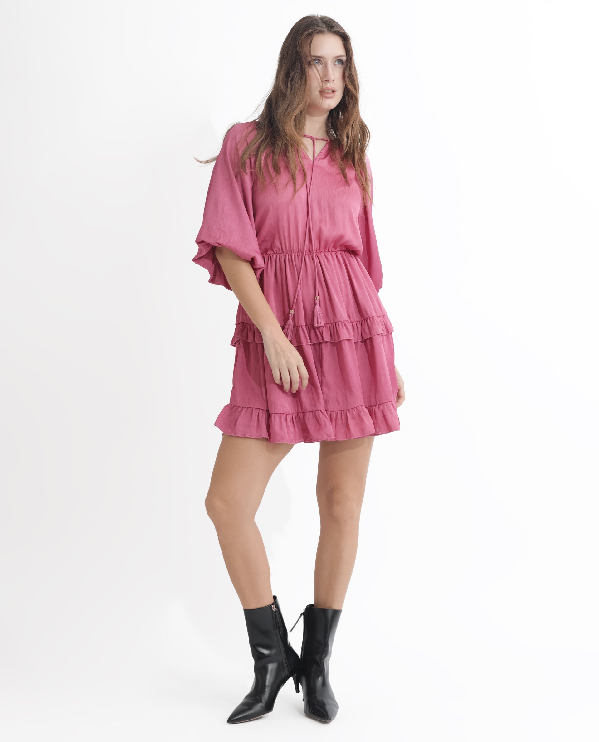 Rareism Women Zeke Pink Polyester Fabric Short Sleeves Tie-Up Neck Raglan Sleeve Regular Fit Plain Short Boxy Dress