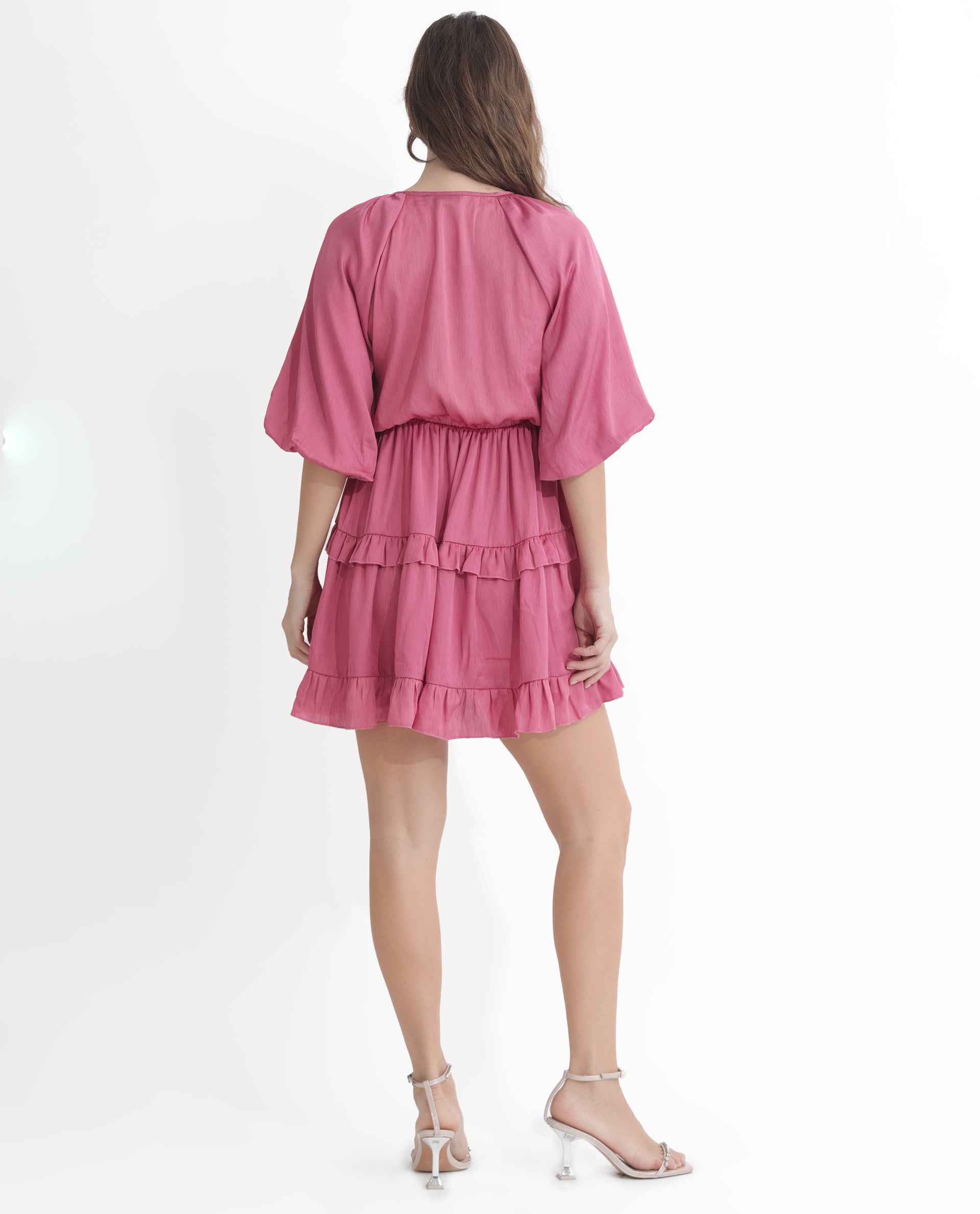 Rareism Women Zeke Pink Polyester Fabric Short Sleeves Tie-Up Neck Raglan Sleeve Regular Fit Plain Short Boxy Dress