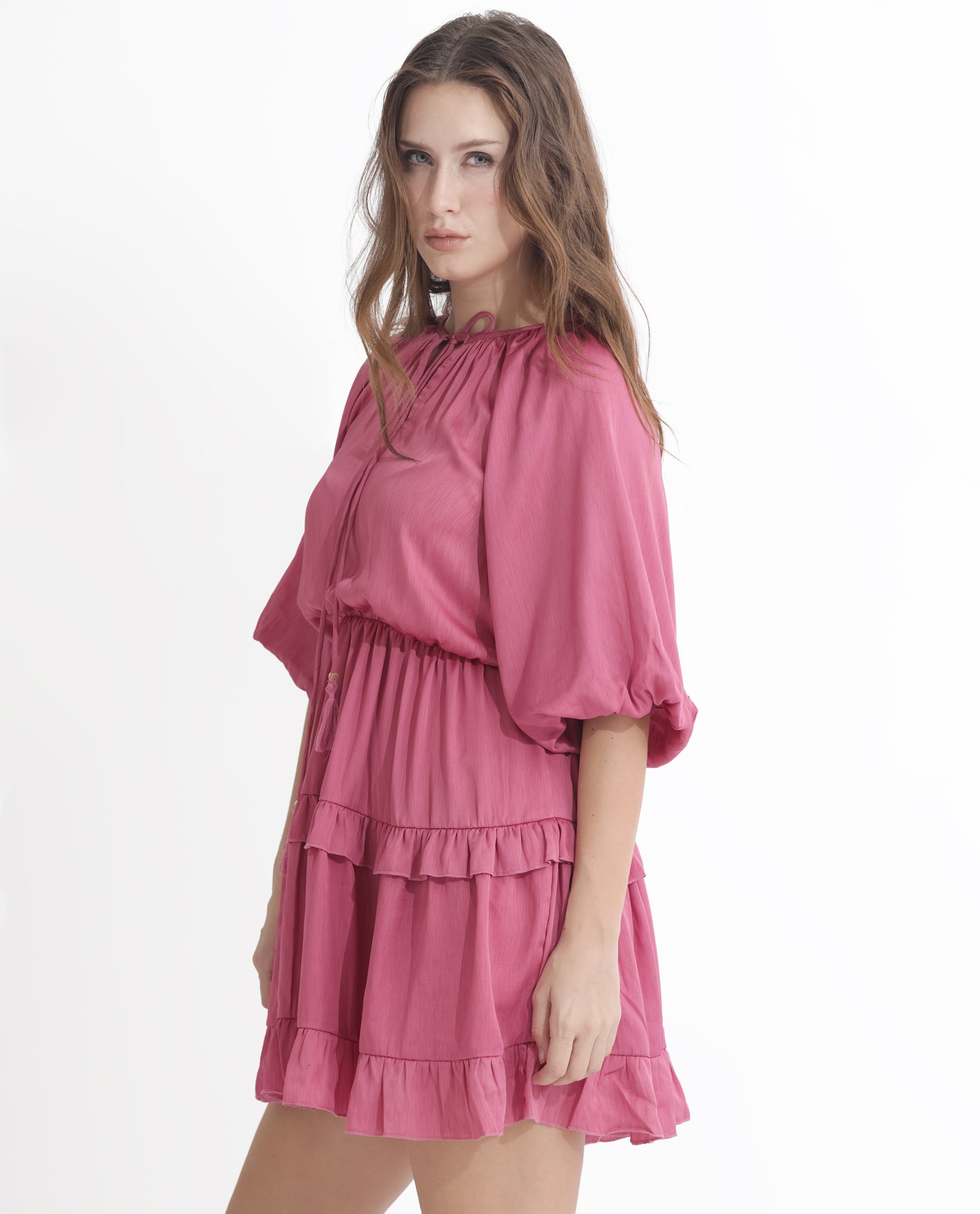 Rareism Women Zeke Pink Polyester Fabric Short Sleeves Tie-Up Neck Raglan Sleeve Regular Fit Plain Short Boxy Dress