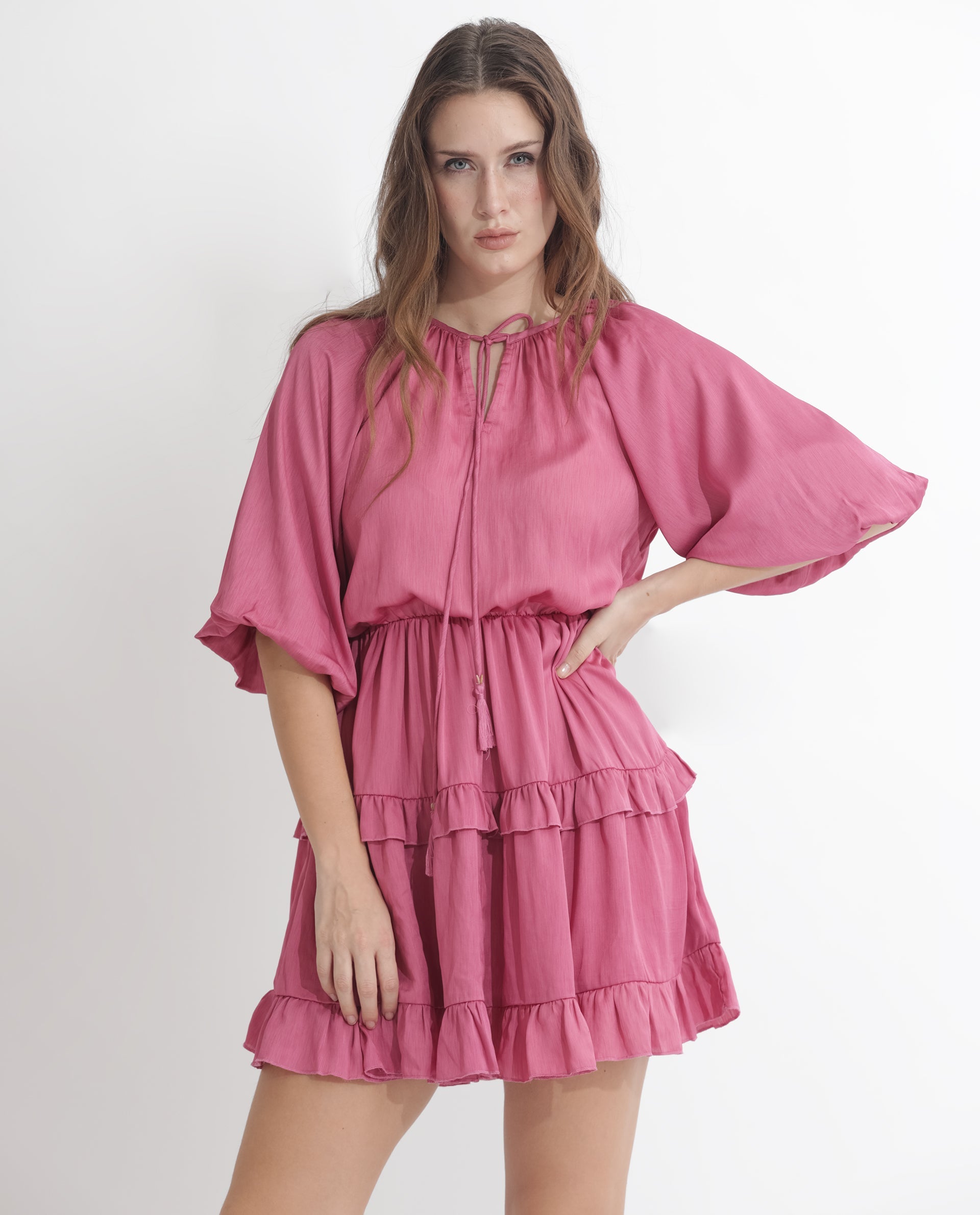 Rareism Women Zeke Pink Polyester Fabric Short Sleeves Tie-Up Neck Raglan Sleeve Regular Fit Plain Short Boxy Dress