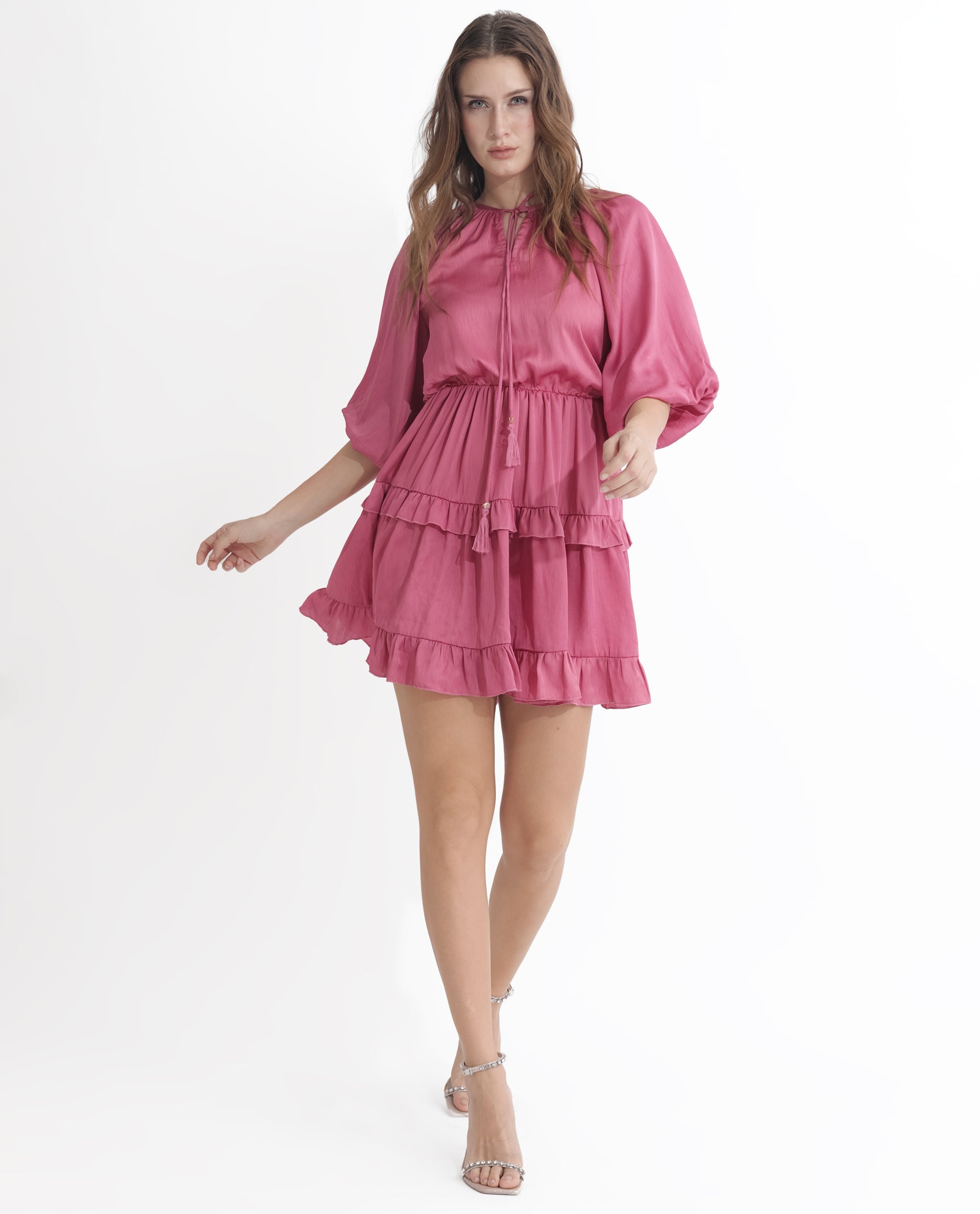 Rareism Women Zeke Pink Polyester Fabric Short Sleeves Tie-Up Neck Raglan Sleeve Regular Fit Plain Short Boxy Dress