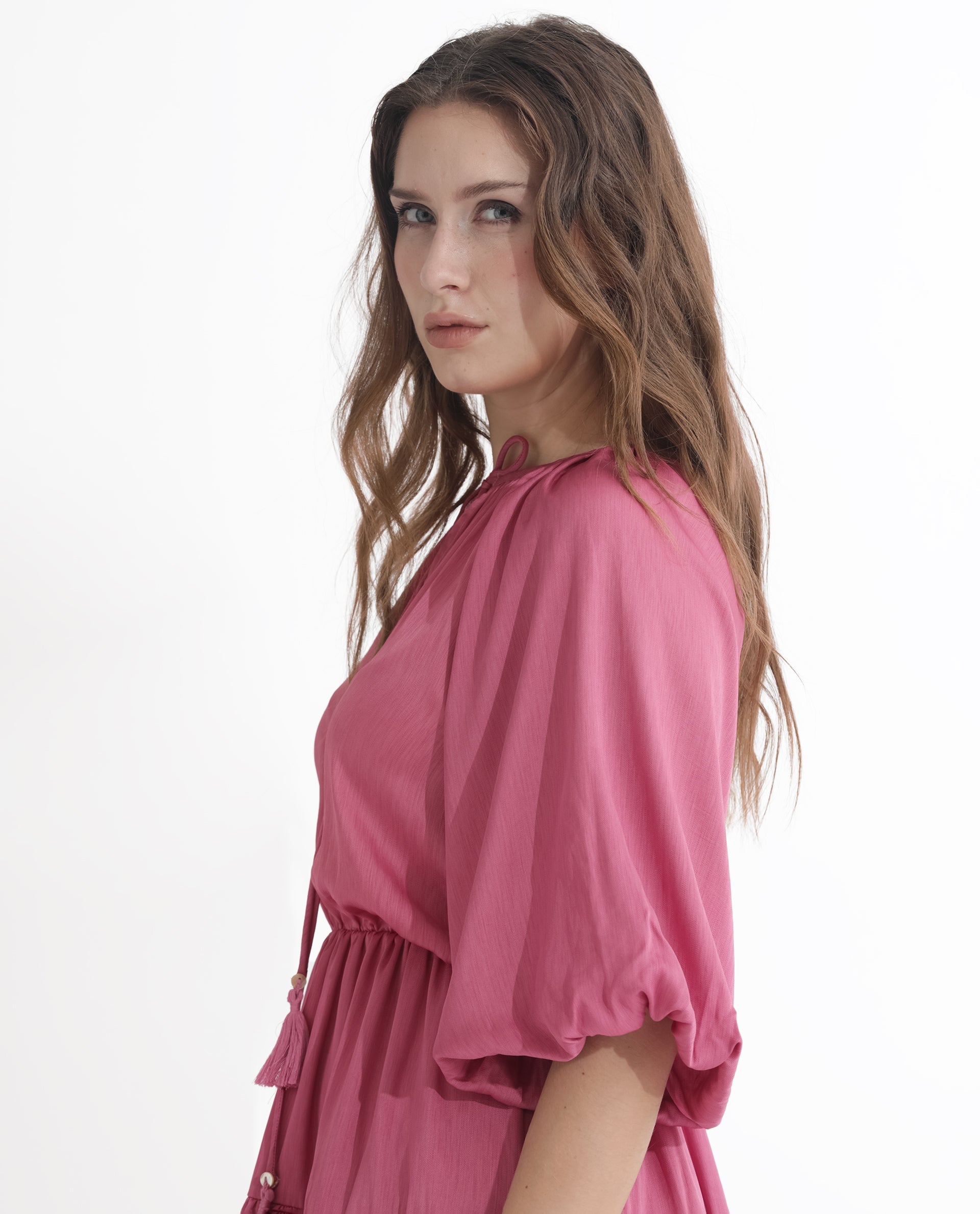 Rareism Women Zeke Pink Polyester Fabric Short Sleeves Tie-Up Neck Raglan Sleeve Regular Fit Plain Short Boxy Dress