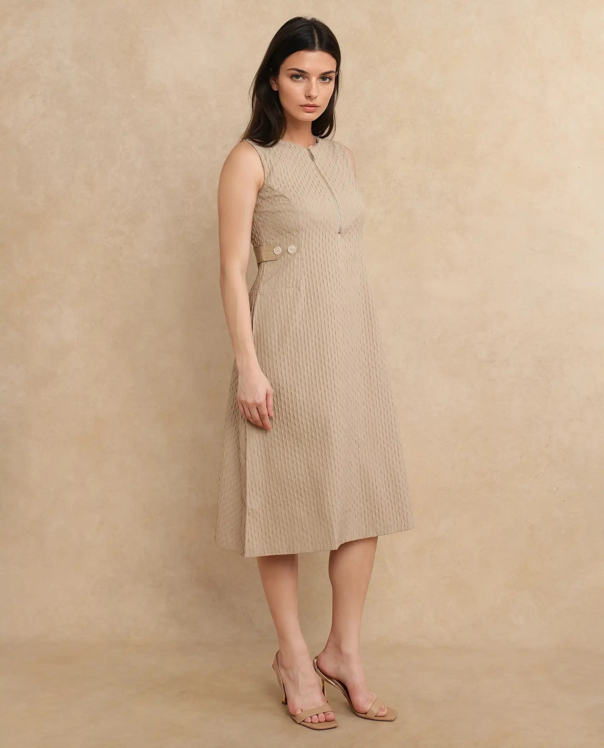 Rareism Women Zelina Beige Sleeveless Crew Neck Zipper Closure A-Line Knee Length Plain Dress