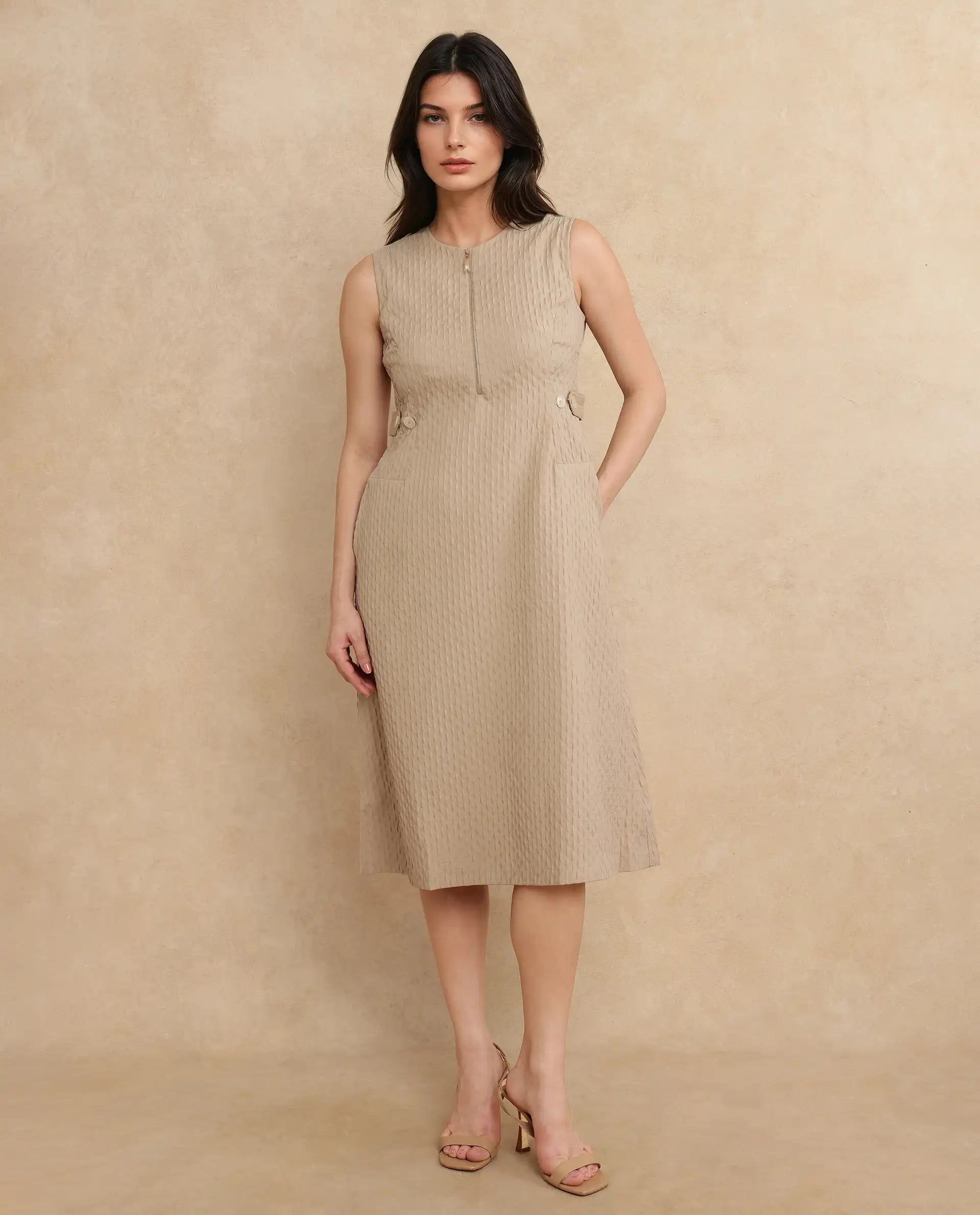 Rareism Women Zelina Beige Sleeveless Crew Neck Zipper Closure A-Line Knee Length Plain Dress
