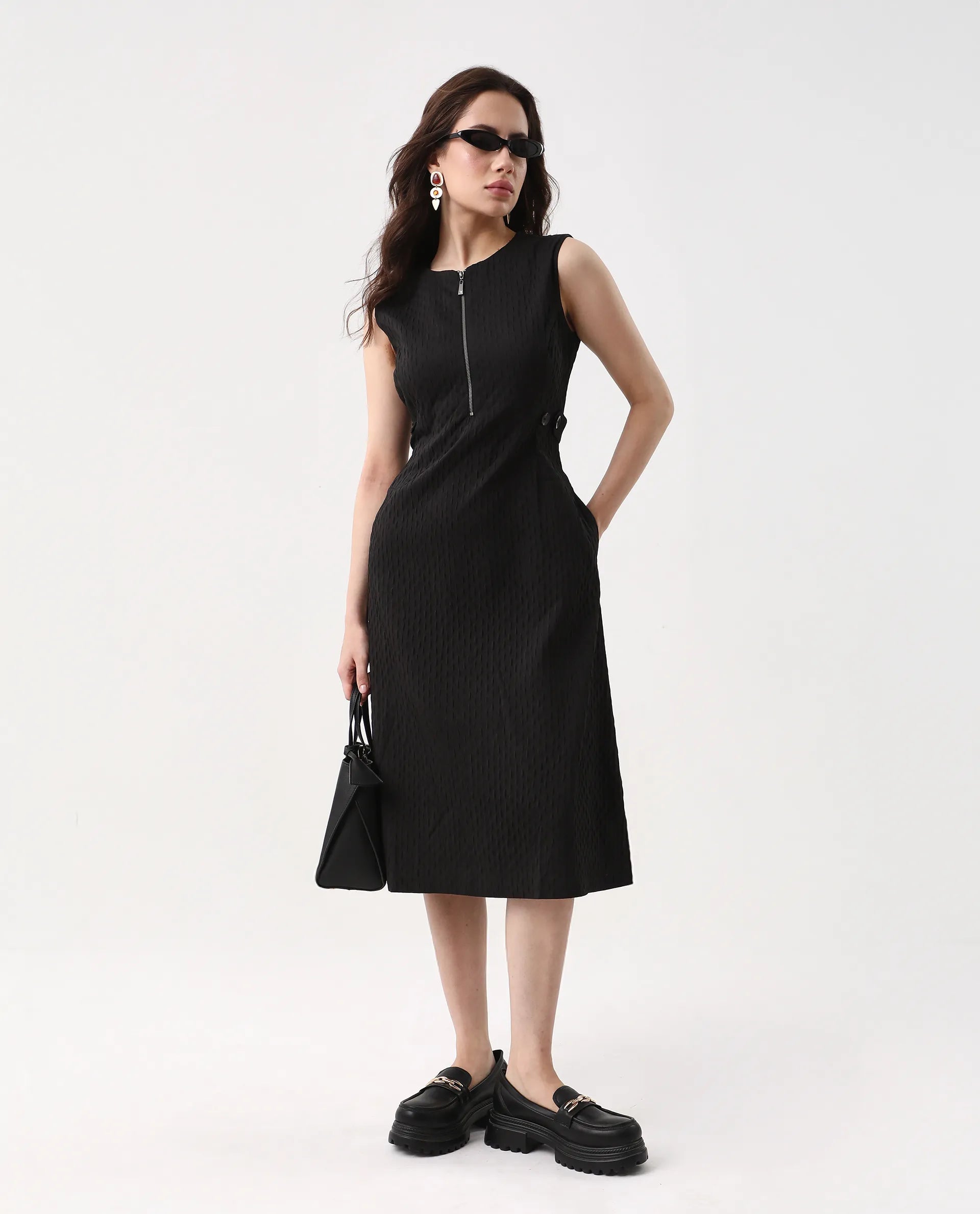 Rareism Women's Zelina Black Polyester Round Neck Striped Sleeveless Knee Length A-Line Dress