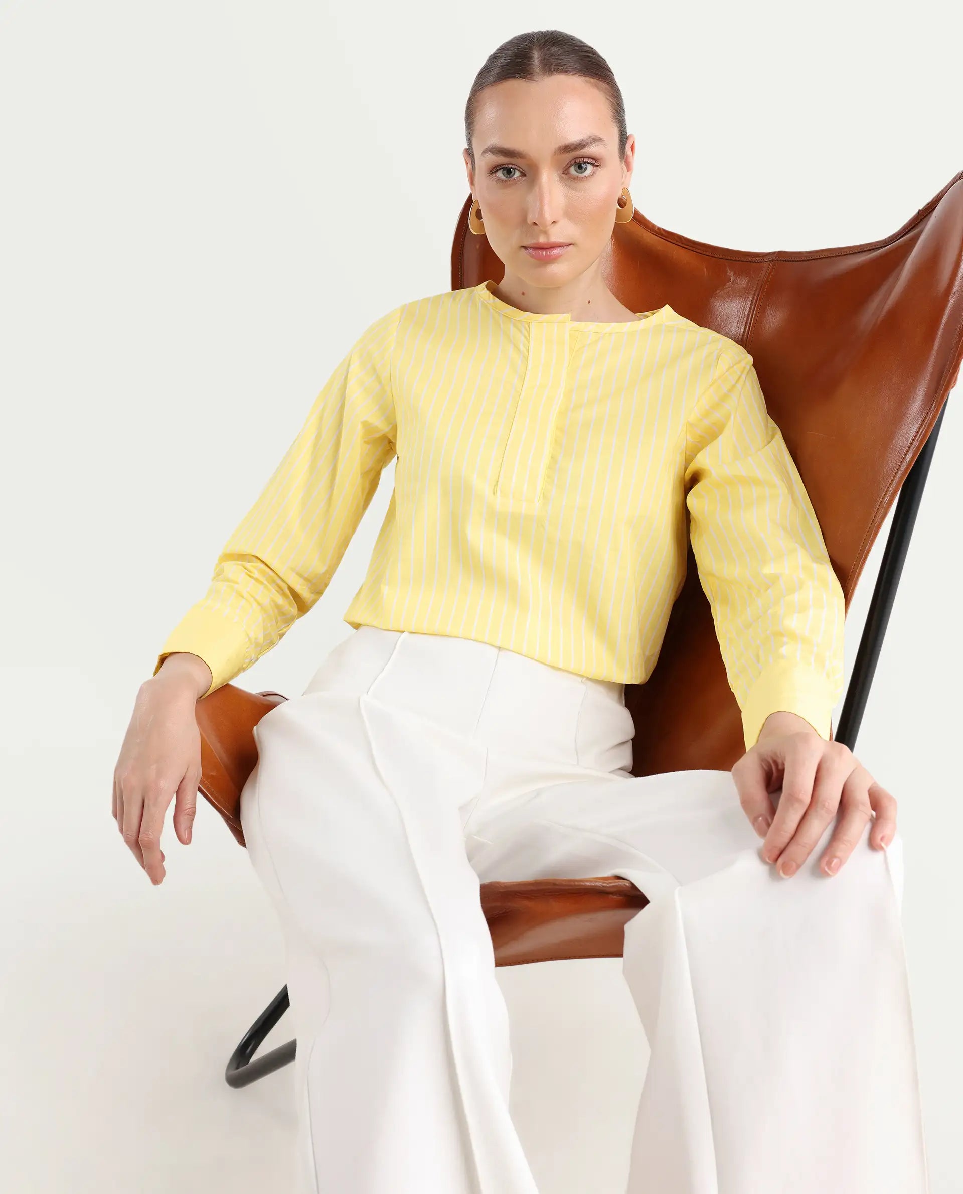 Rareism Women's Zelma Yellow Cotton Crew Neck Striped Cuffed Sleeve Regular Fit Top