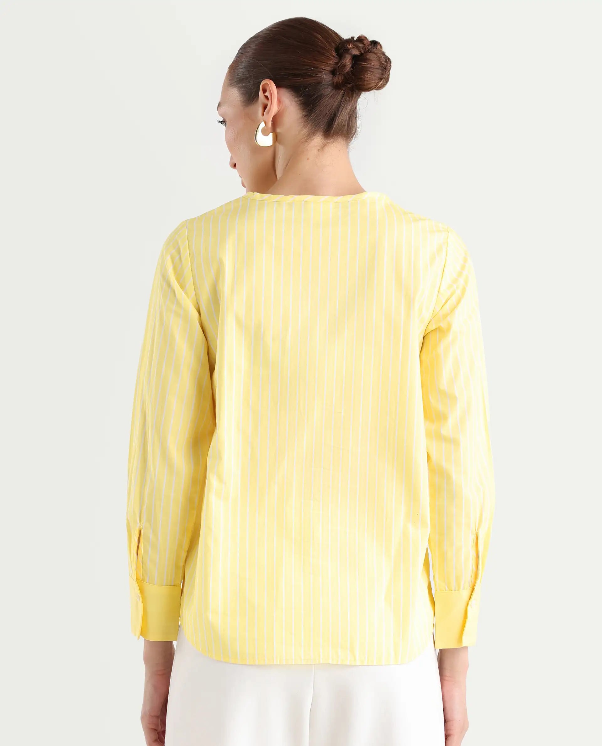 Rareism Women's Zelma Yellow Cotton Crew Neck Striped Cuffed Sleeve Regular Fit Top