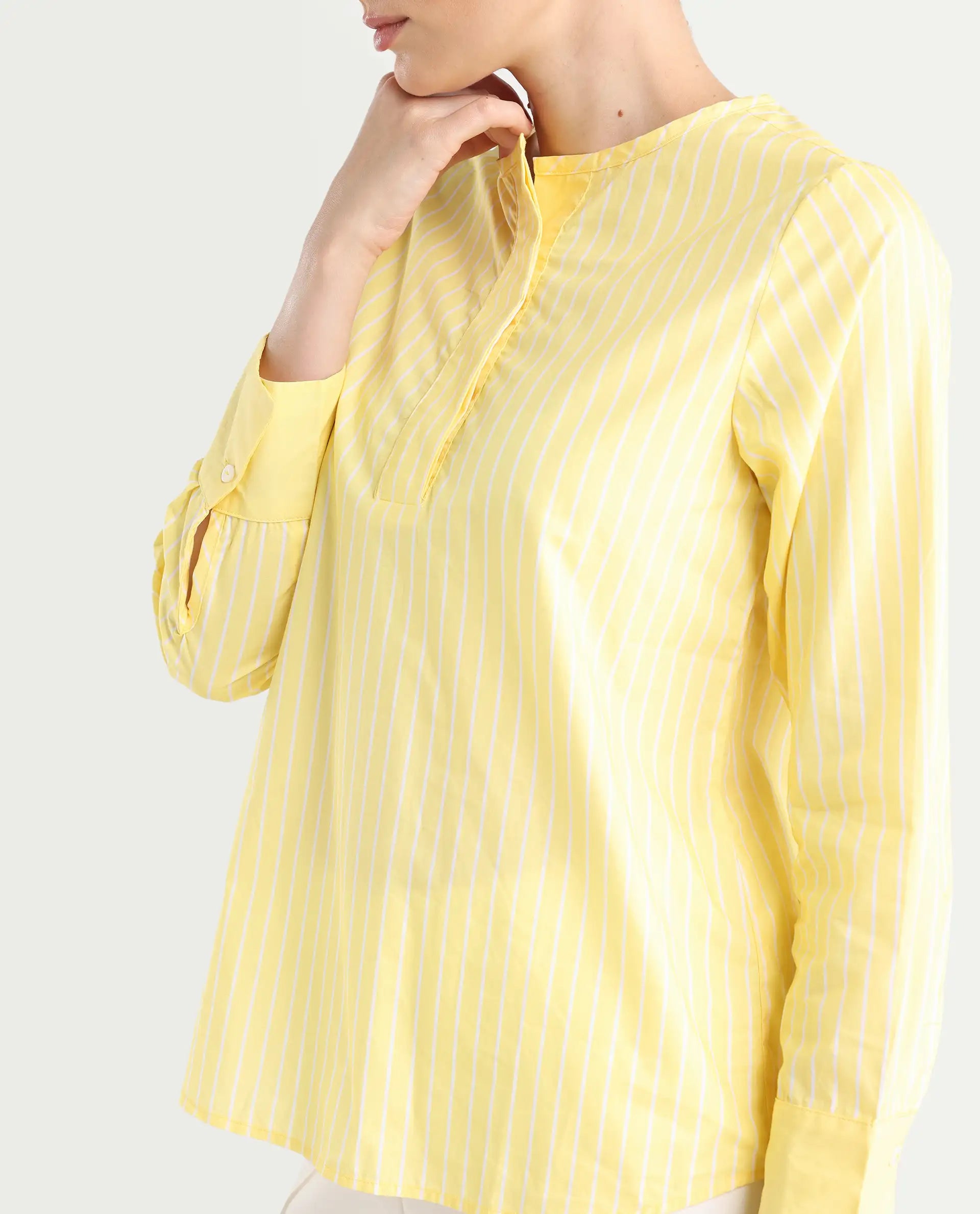 Rareism Women's Zelma Yellow Cotton Crew Neck Striped Cuffed Sleeve Regular Fit Top