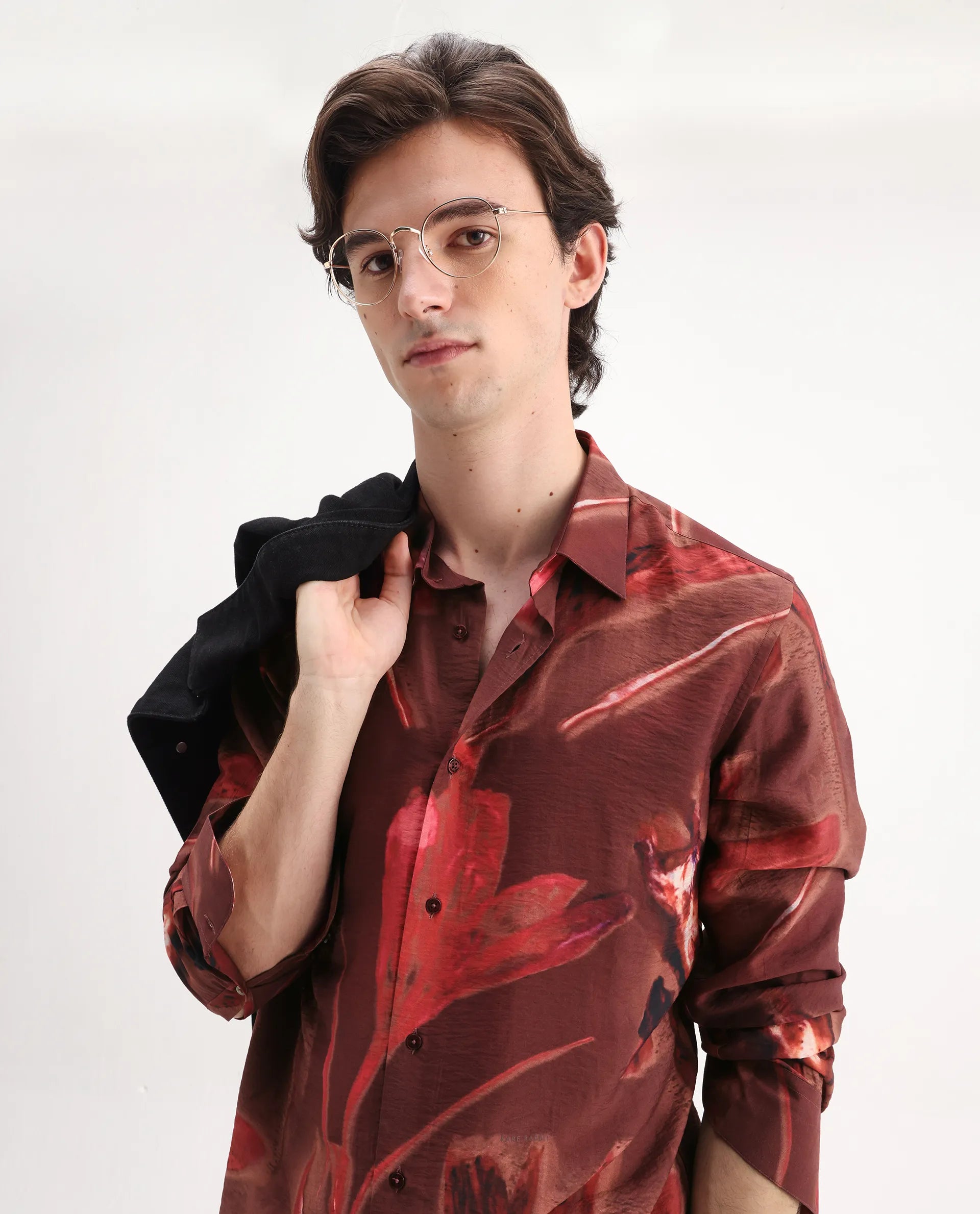 Rare Rabbit Men's Zelo Dusky Red Viscose Blend Floral Print Regular Fit Full Sleeve Collared Shirt