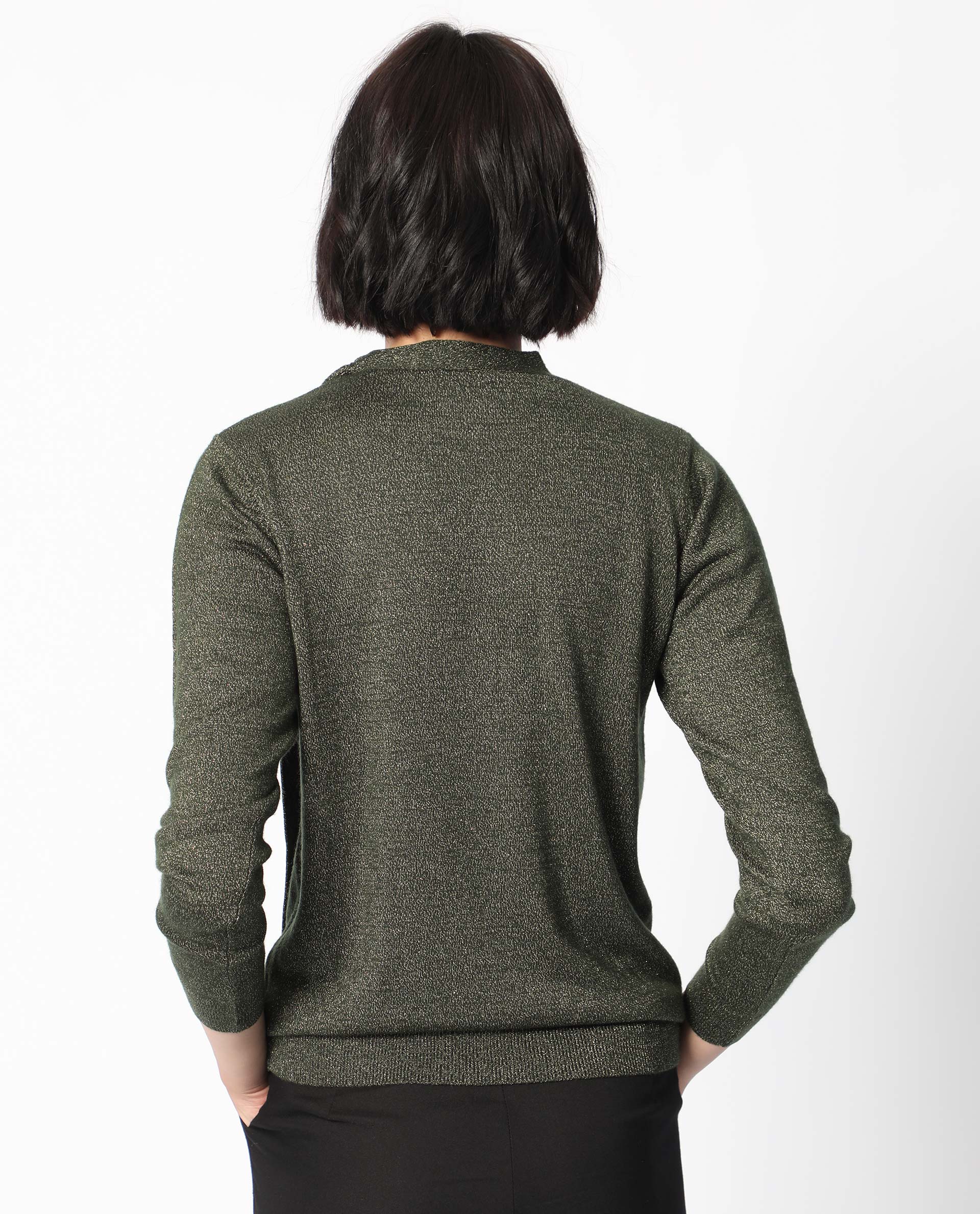 Rareism Women Zener Green Acrylic Fabric Full Sleeves Regular Fit Solid High Neck Sweater