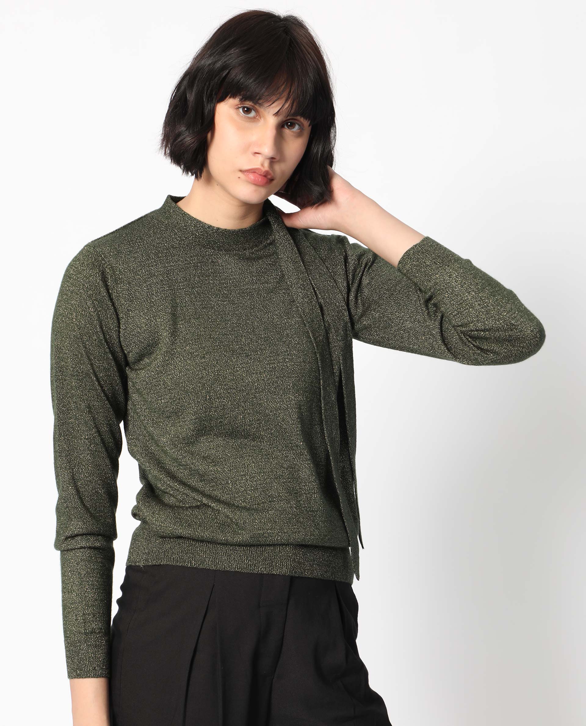 Rareism Women Zener Green Acrylic Fabric Full Sleeves Regular Fit Solid High Neck Sweater