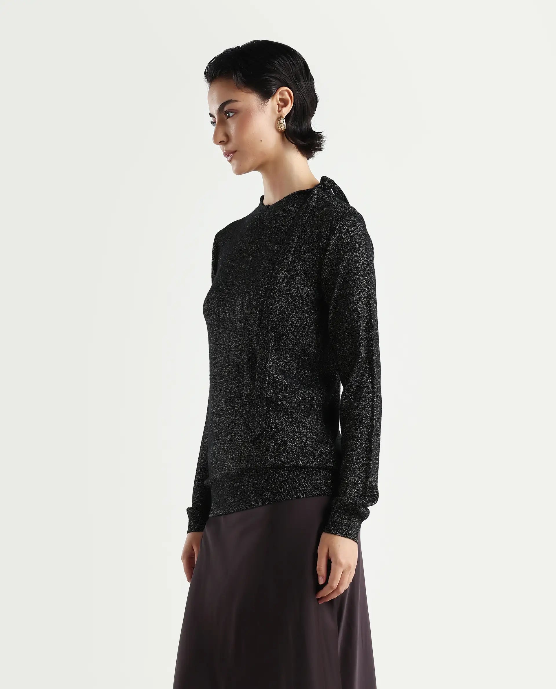 Rareism Women's Zener Black Acrylic High Neck Plain Regular Fit Sweater