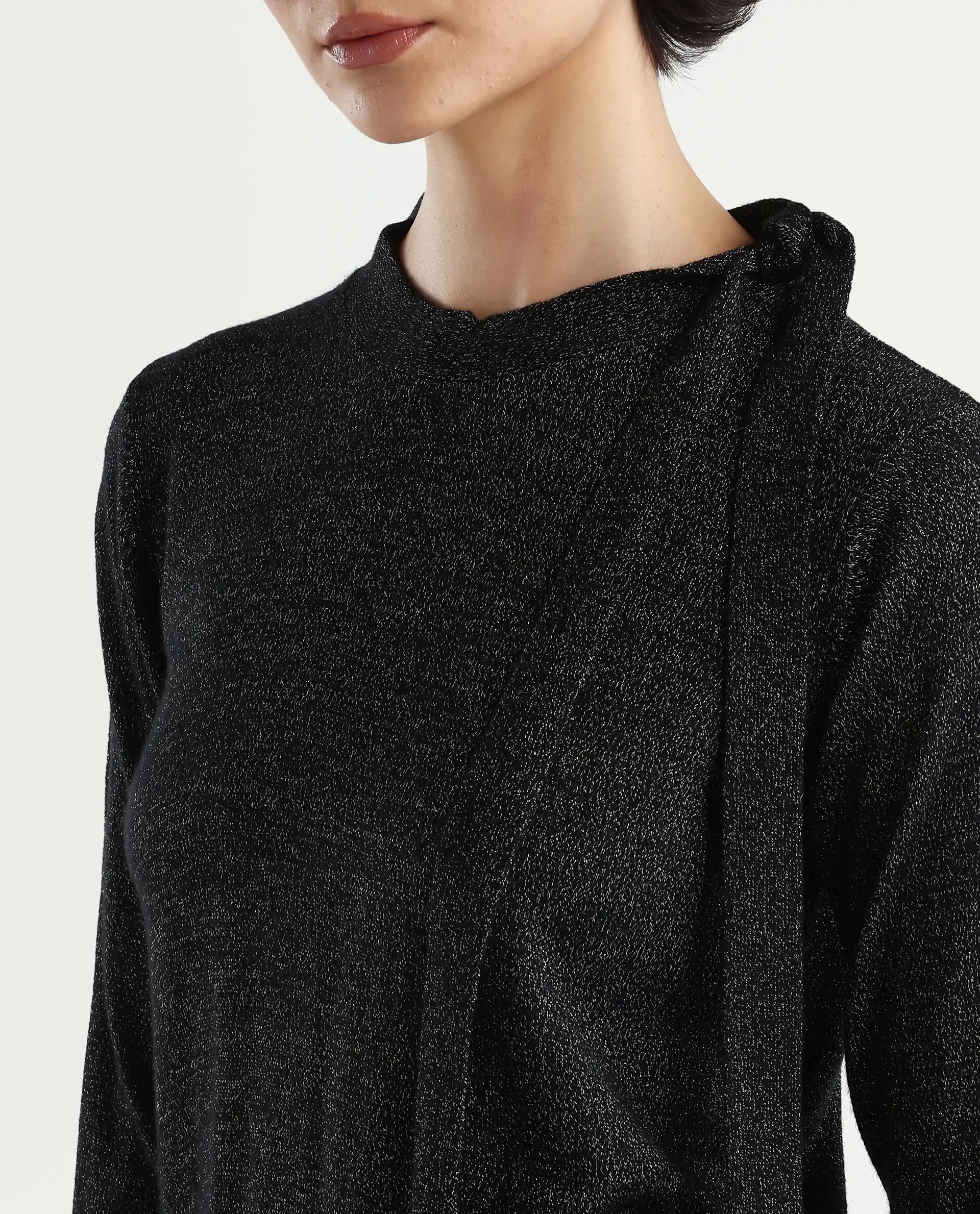 Rareism Women's Zener Black Acrylic High Neck Plain Regular Fit Sweater