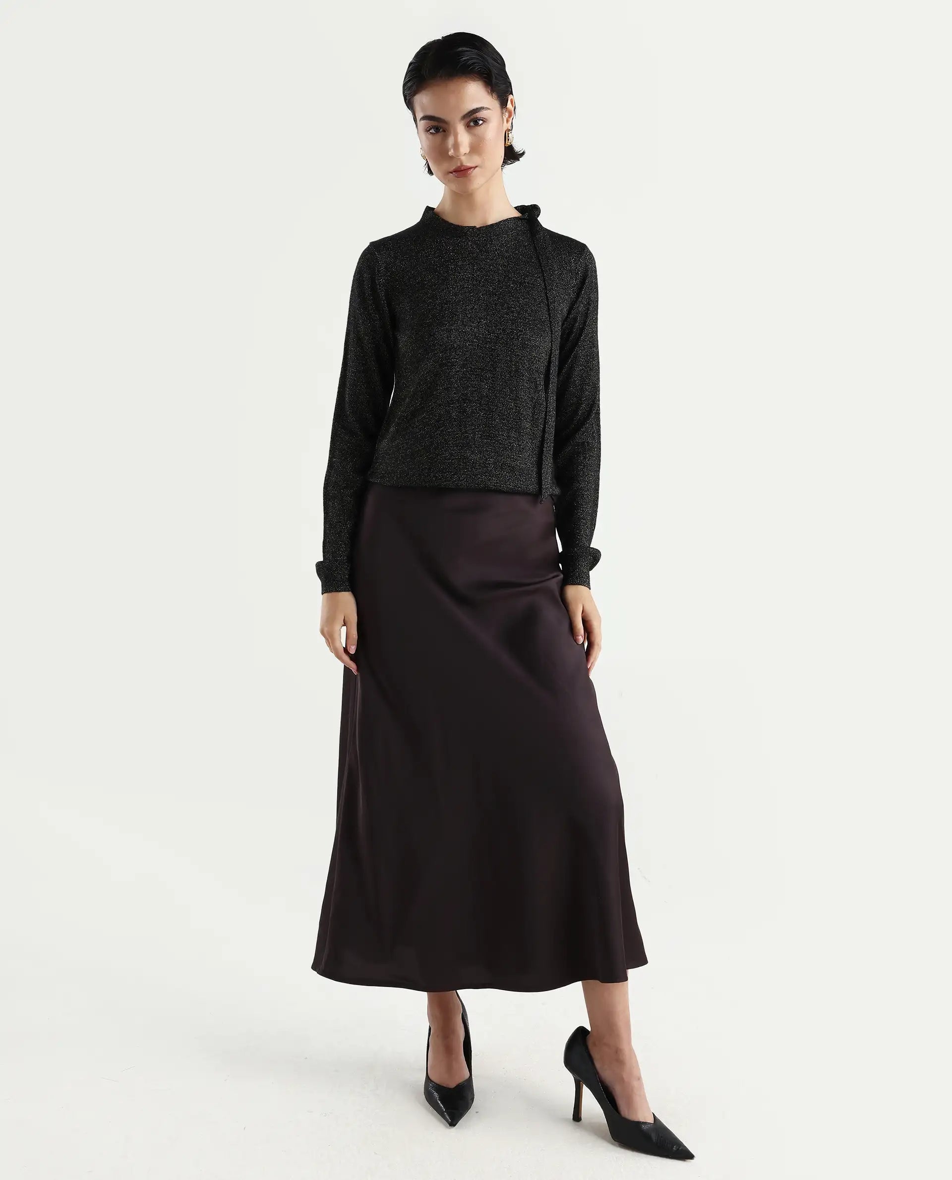 Rareism Women's Zener Black Acrylic High Neck Plain Regular Fit Sweater