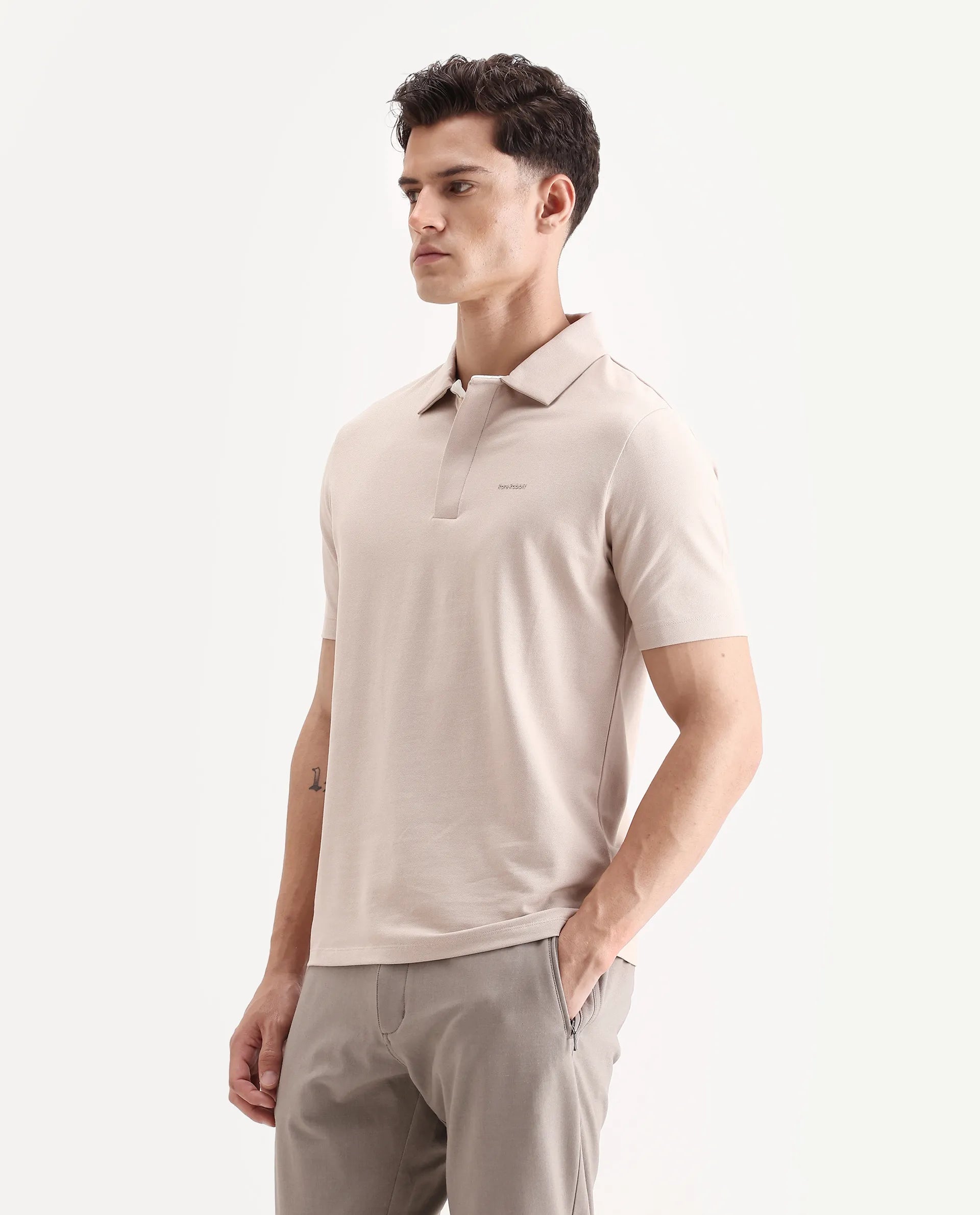 Rare Rabbit Men's Zeni-A25 Dusky Beige Cotton Blend Plain Regular Fit Half Sleeve Polo