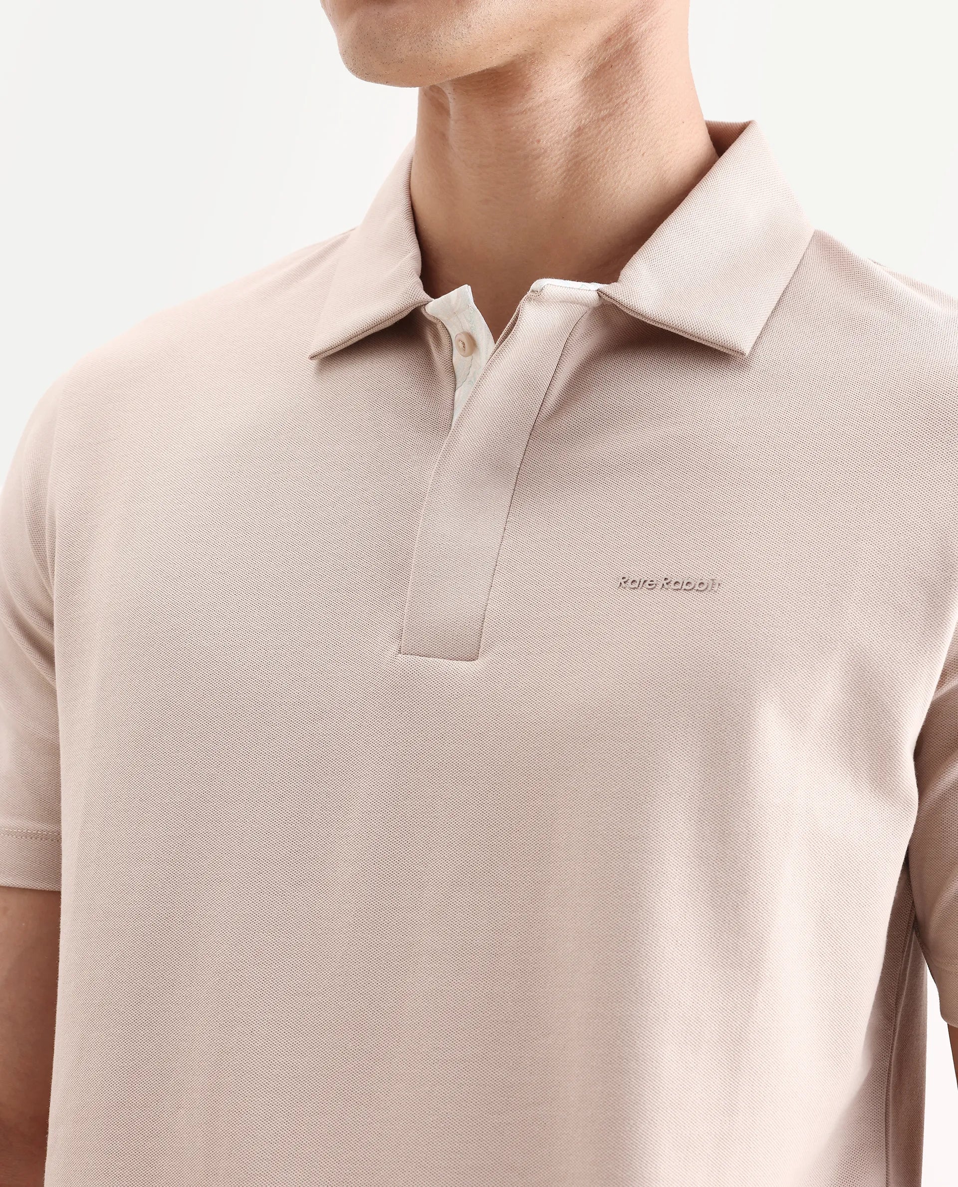 Rare Rabbit Men's Zeni-A25 Dusky Beige Cotton Blend Plain Regular Fit Half Sleeve Polo