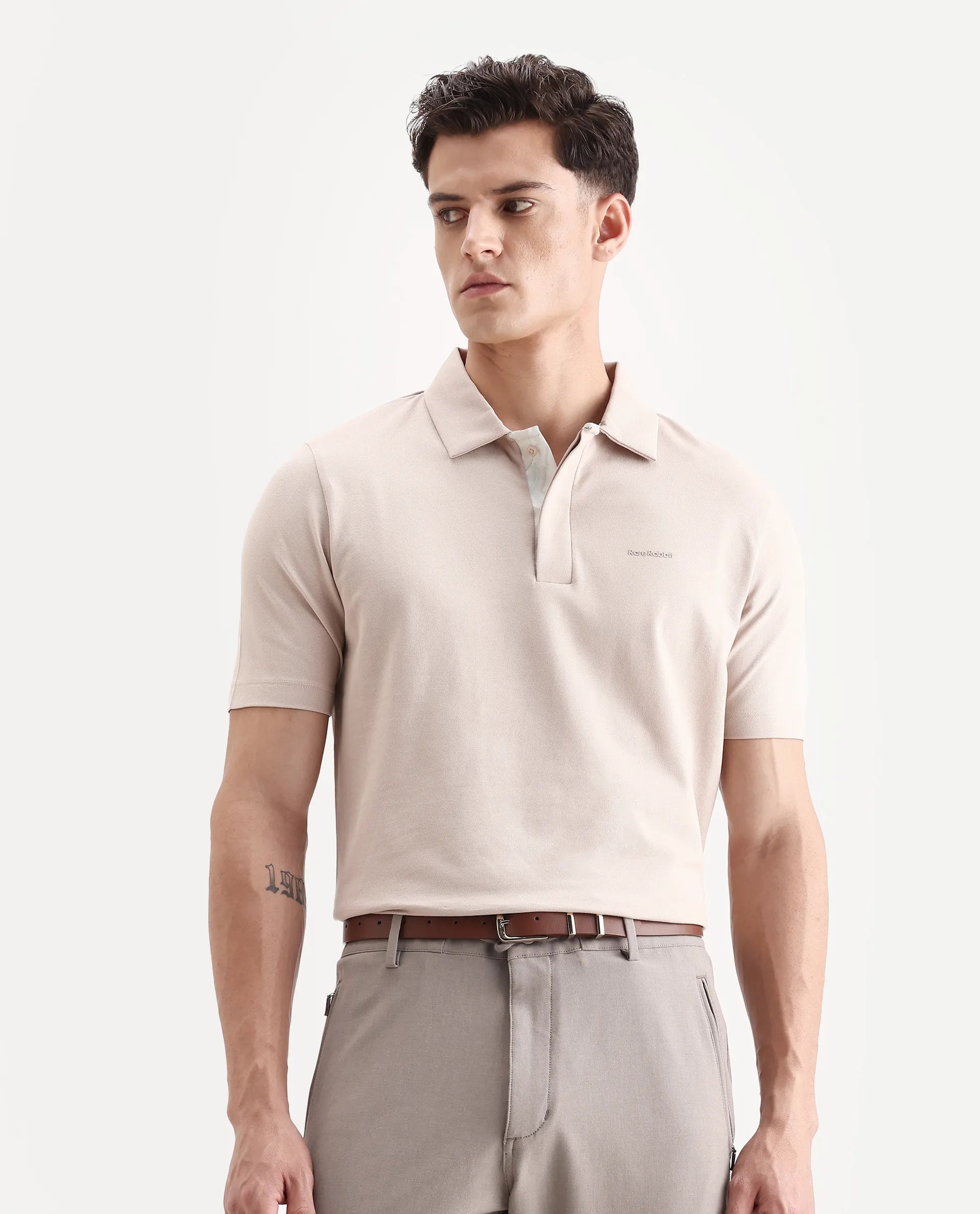 Rare Rabbit Men's Zeni-A25 Dusky Beige Cotton Blend Plain Regular Fit Half Sleeve Polo