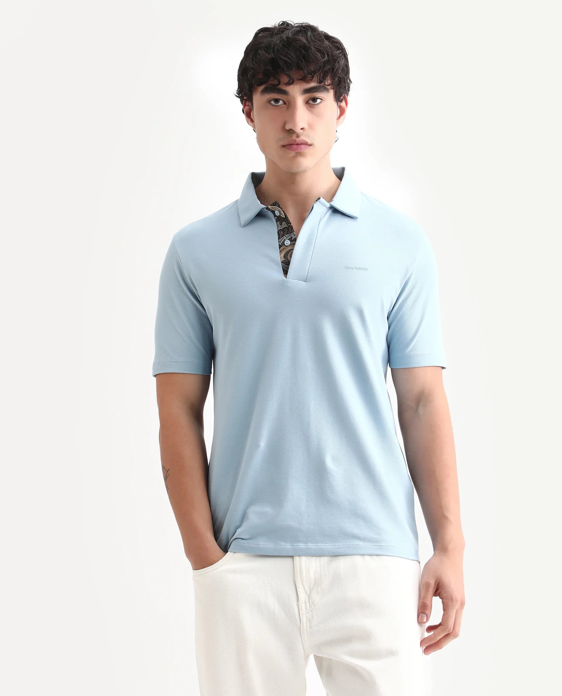Rare Rabbit Men's Zeni-A25 Dusky Blue Cotton Blend Plain Regular Fit Half Sleeve Polo