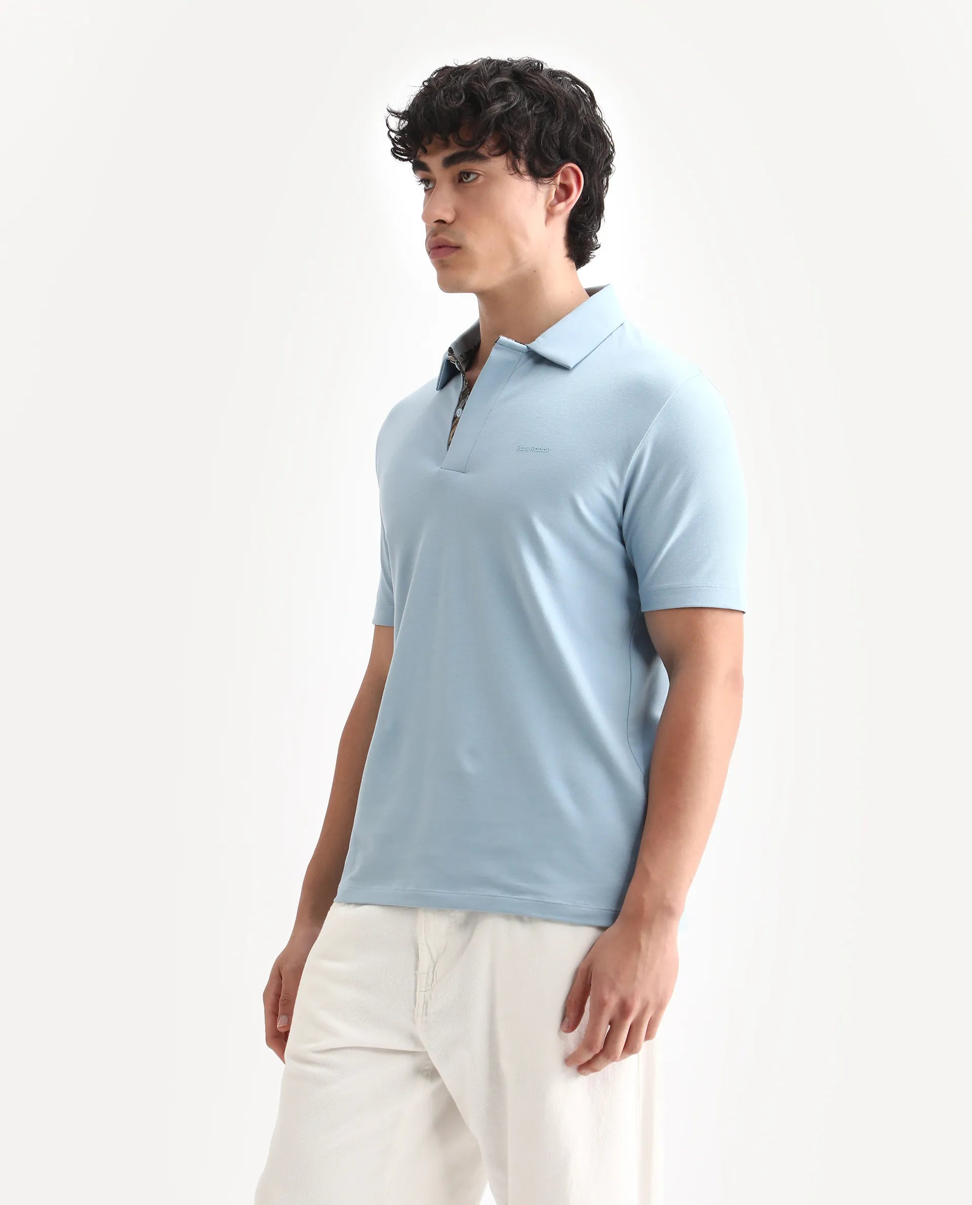 Rare Rabbit Men's Zeni-A25 Dusky Blue Cotton Blend Plain Regular Fit Half Sleeve Polo