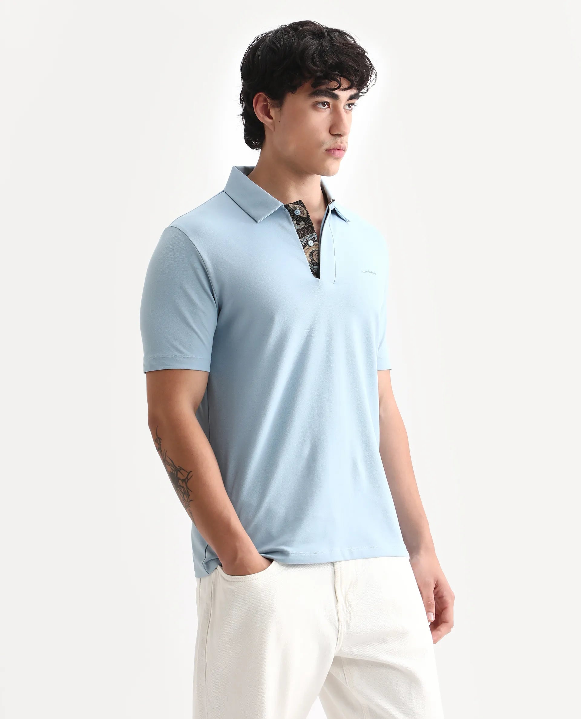 Rare Rabbit Men's Zeni-A25 Dusky Blue Cotton Blend Plain Regular Fit Half Sleeve Polo