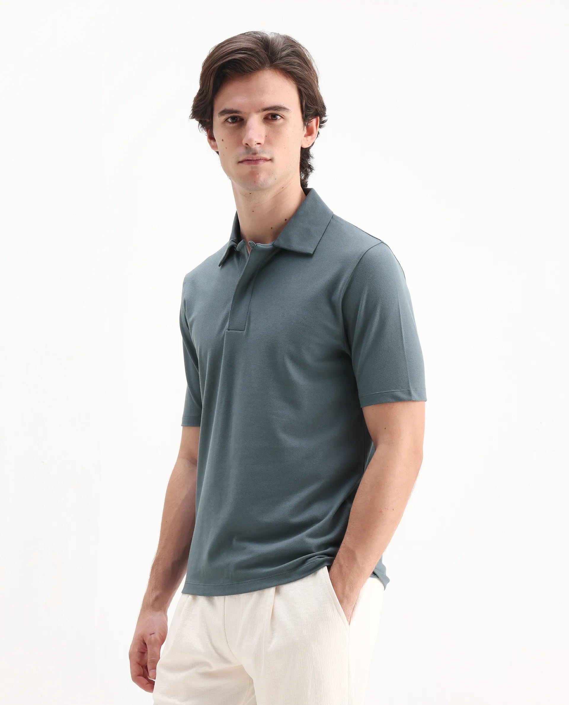 Rare Rabbit Men's Zeni Dusky Green Cotton Plain Regular Fit Half Sleeve Polo