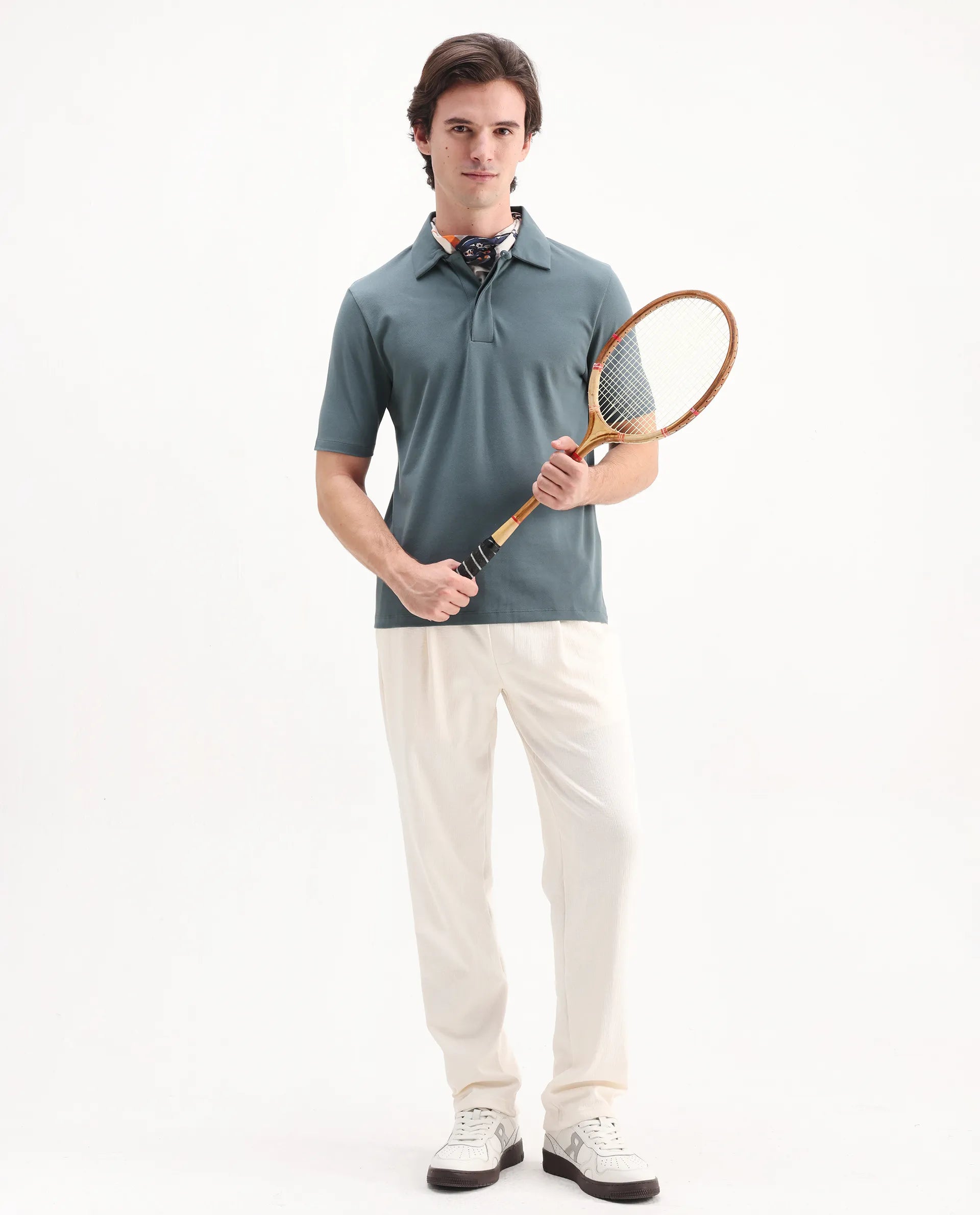 Rare Rabbit Men's Zeni Dusky Green Cotton Plain Regular Fit Half Sleeve Polo