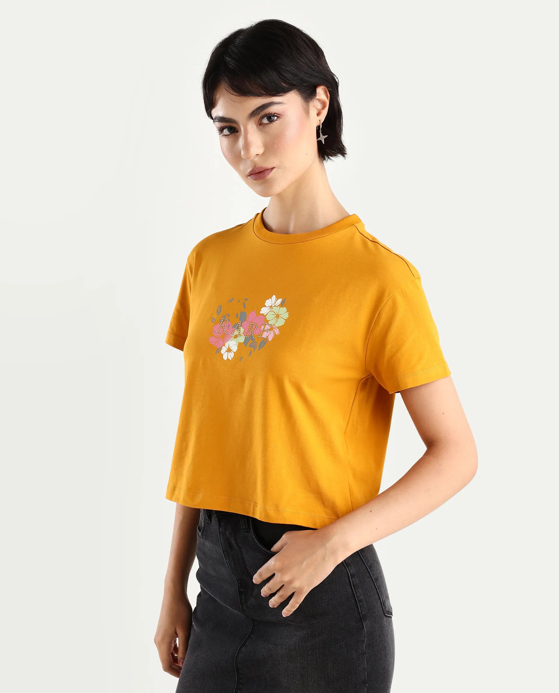 Rareism Women's Zenith Dark Mustard Cotton Blend Crew Neck Graphic Print Crop Relaxed Fit T-Shirt