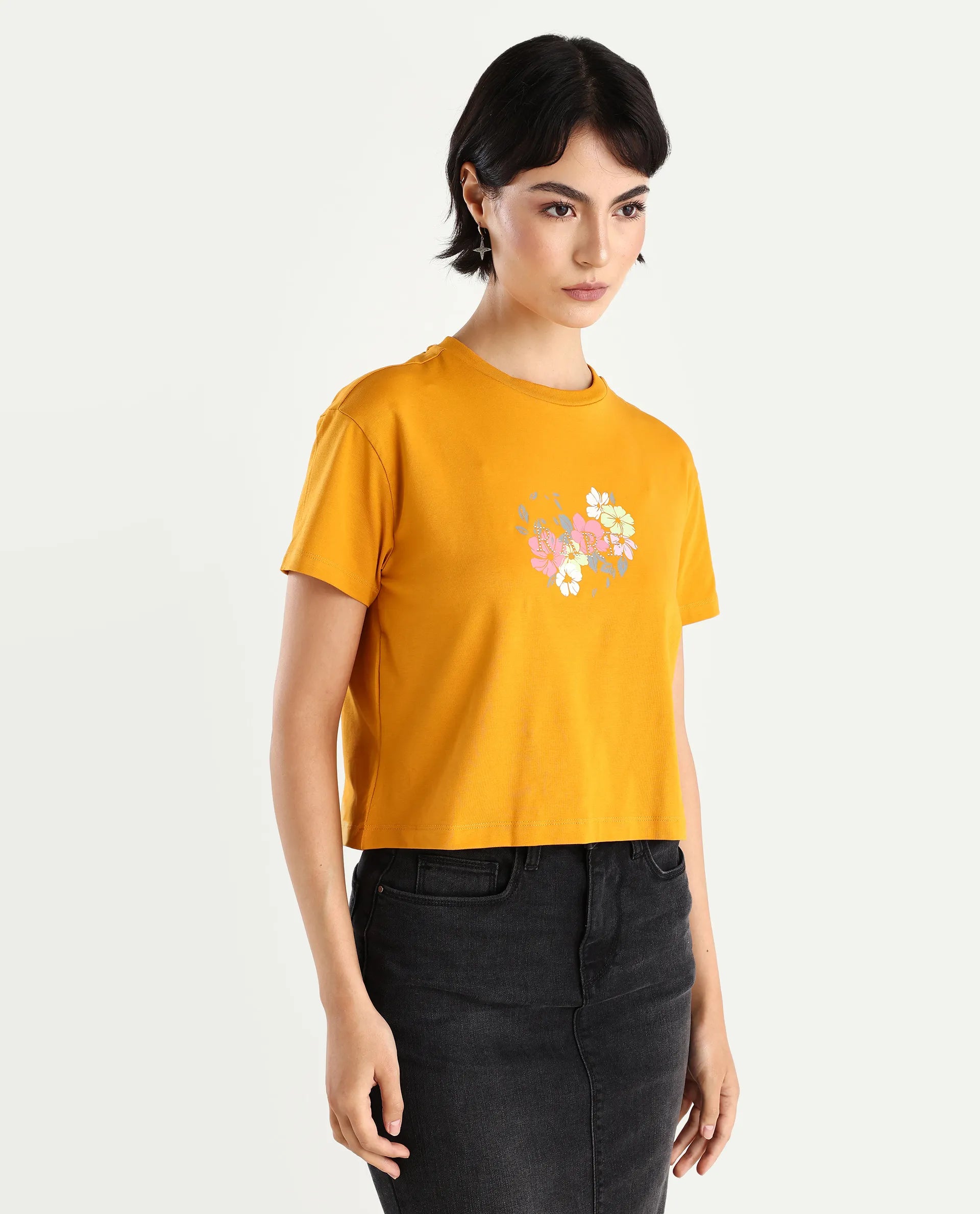 Rareism Women's Zenith Dark Mustard Cotton Blend Crew Neck Graphic Print Crop Relaxed Fit T-Shirt