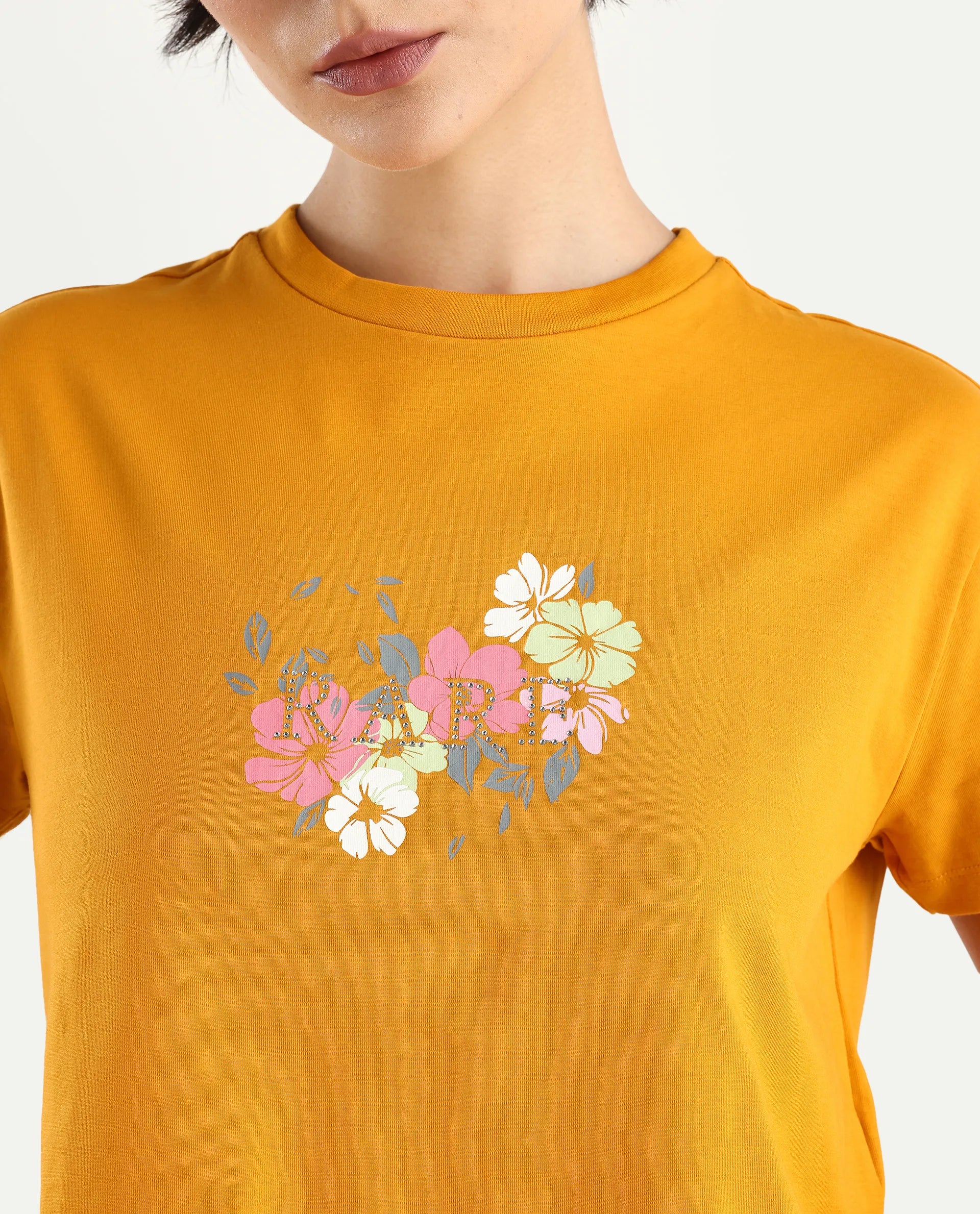 Rareism Women's Zenith Dark Mustard Cotton Blend Crew Neck Graphic Print Crop Relaxed Fit T-Shirt