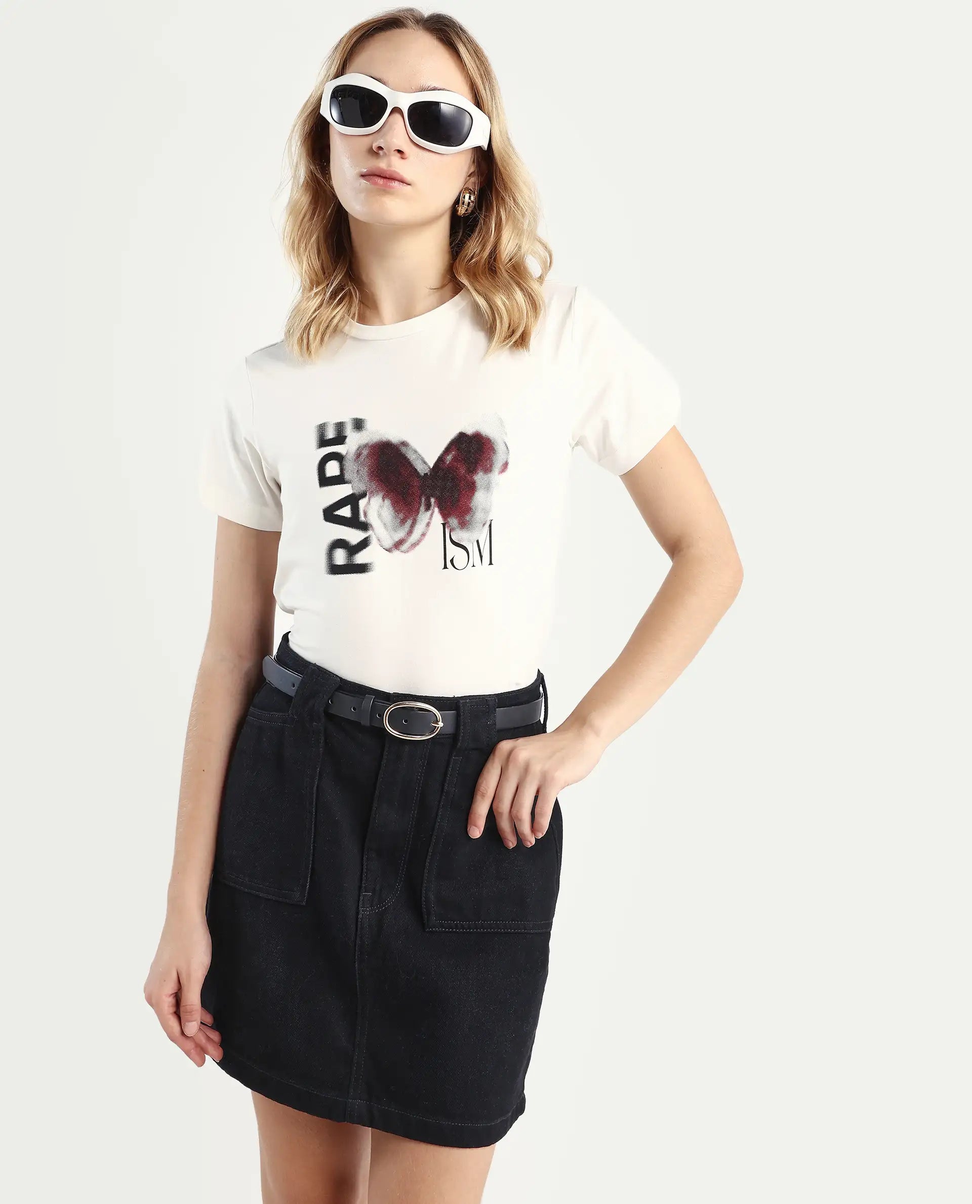 Rareism Women's Zenon Off White Cotton Blend Crew Neck Graphic Print Regular Fit T-Shirt