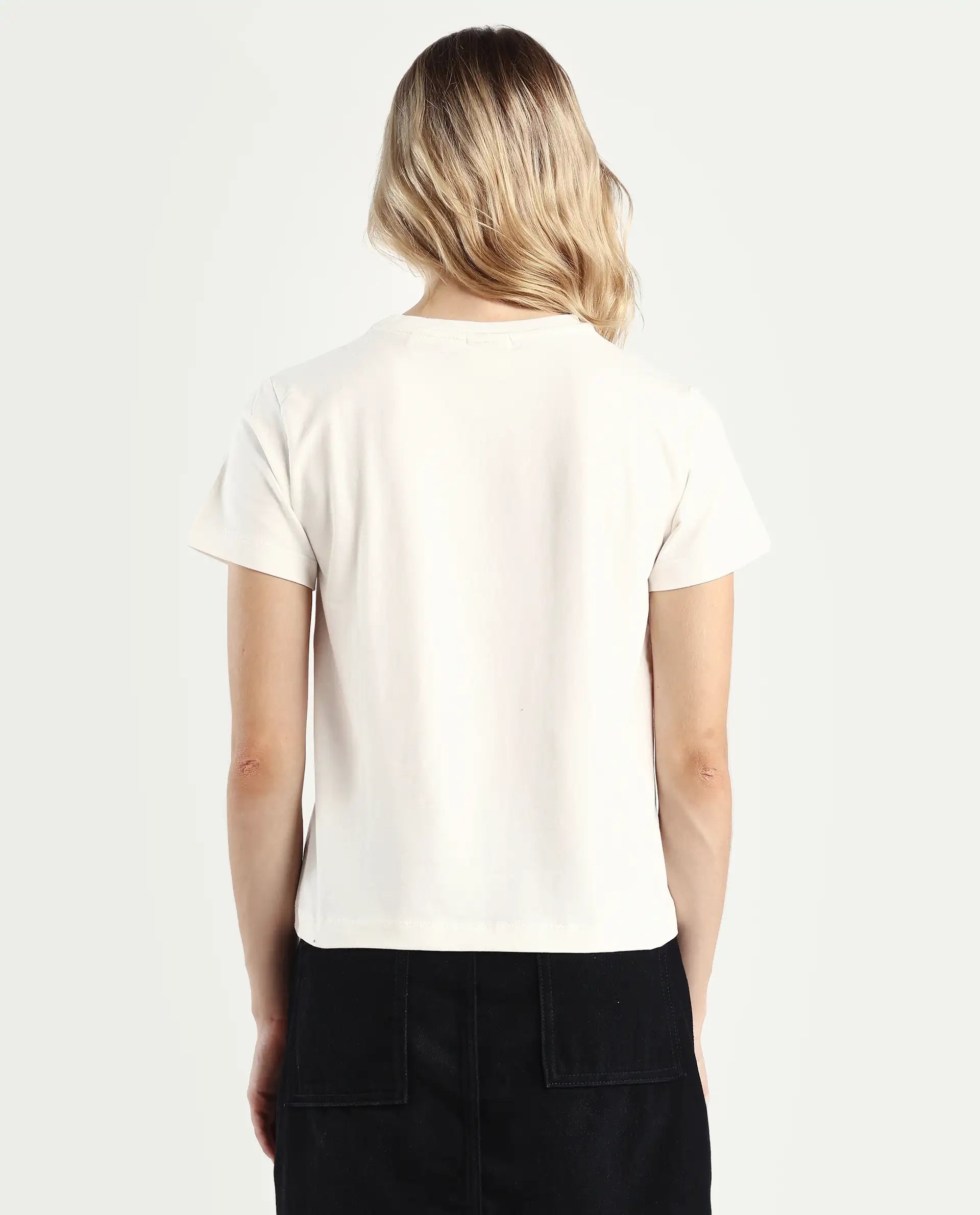 Rareism Women's Zenon Off White Cotton Blend Crew Neck Graphic Print Regular Fit T-Shirt