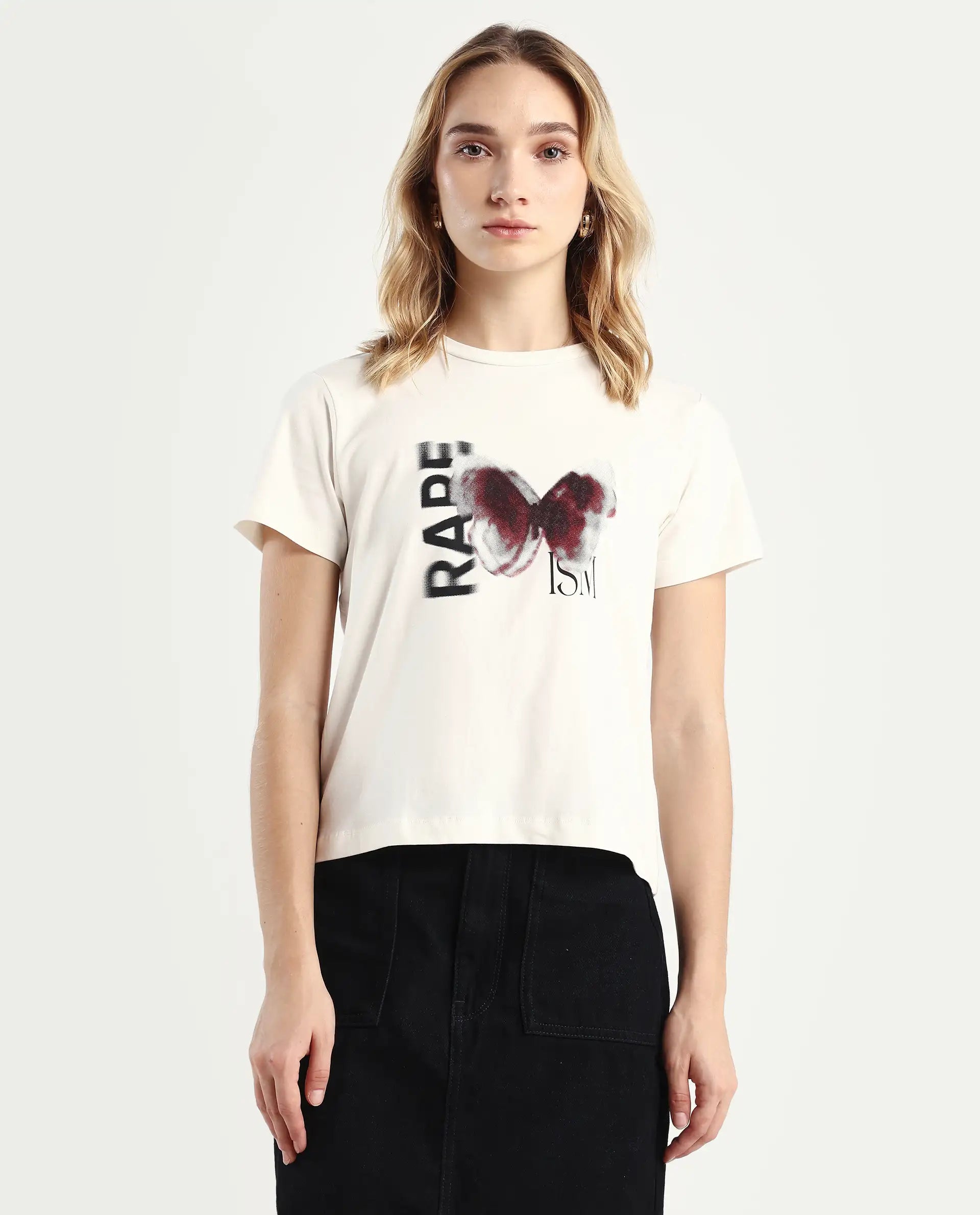 Rareism Women's Zenon Off White Cotton Blend Crew Neck Graphic Print Regular Fit T-Shirt