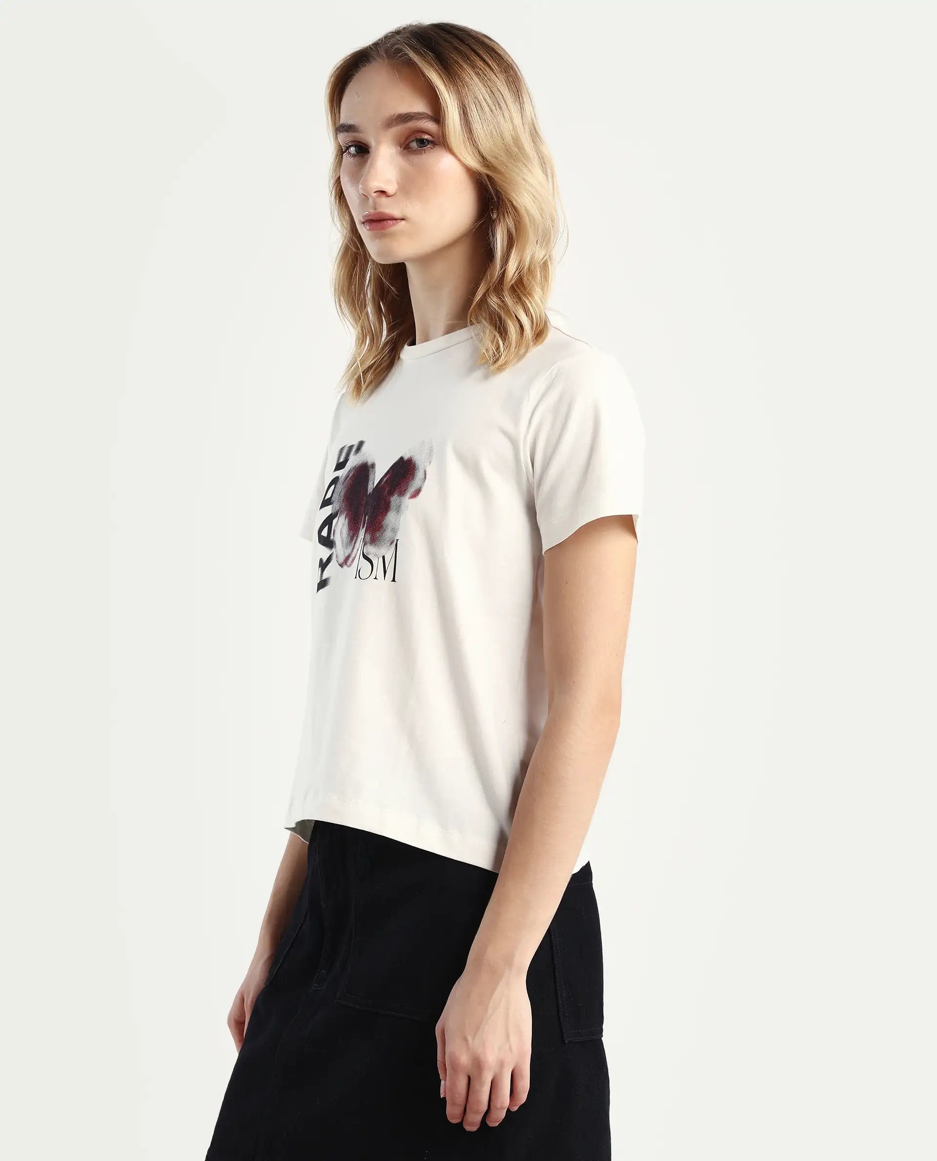 Rareism Women's Zenon Off White Cotton Blend Crew Neck Graphic Print Regular Fit T-Shirt