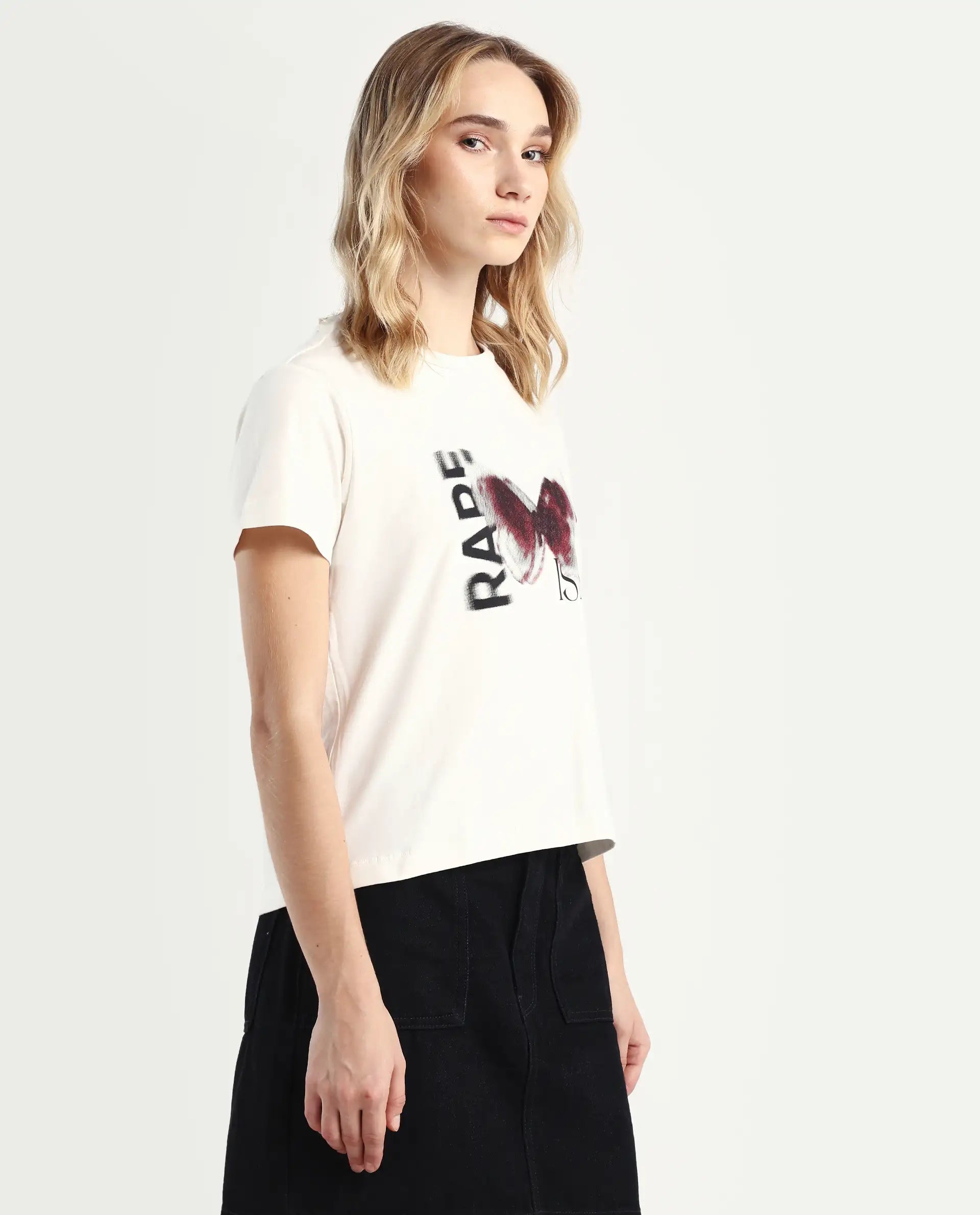 Rareism Women's Zenon Off White Cotton Blend Crew Neck Graphic Print Regular Fit T-Shirt
