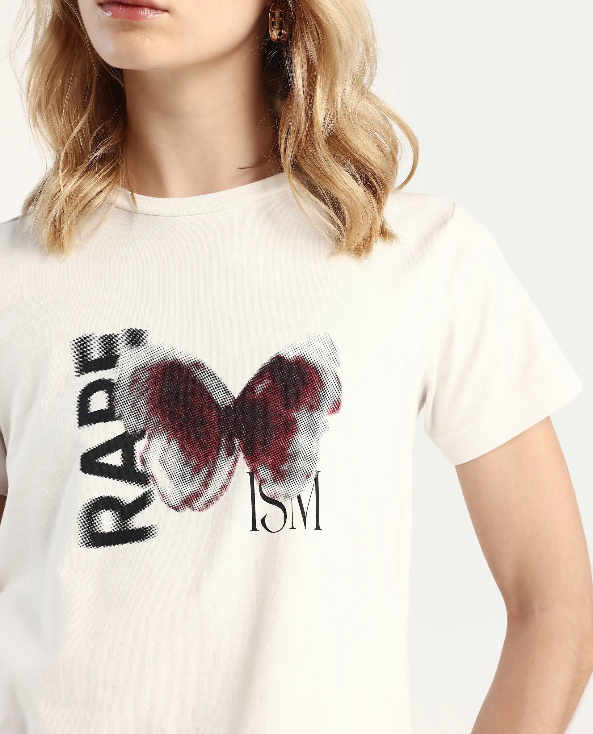 Rareism Women's Zenon Off White Cotton Blend Crew Neck Graphic Print Regular Fit T-Shirt