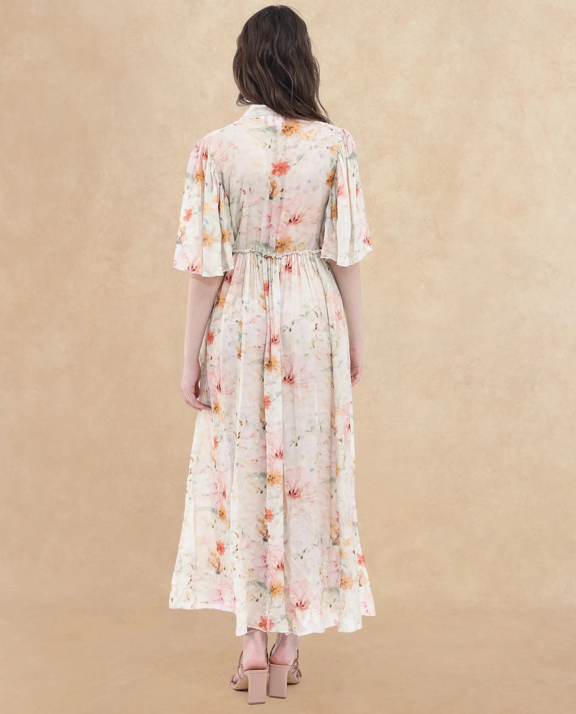 Rareism Women's Zenya Off White Polyester Blend V-Neck Floral Print Flared Sleeve Maxi Flared Dress