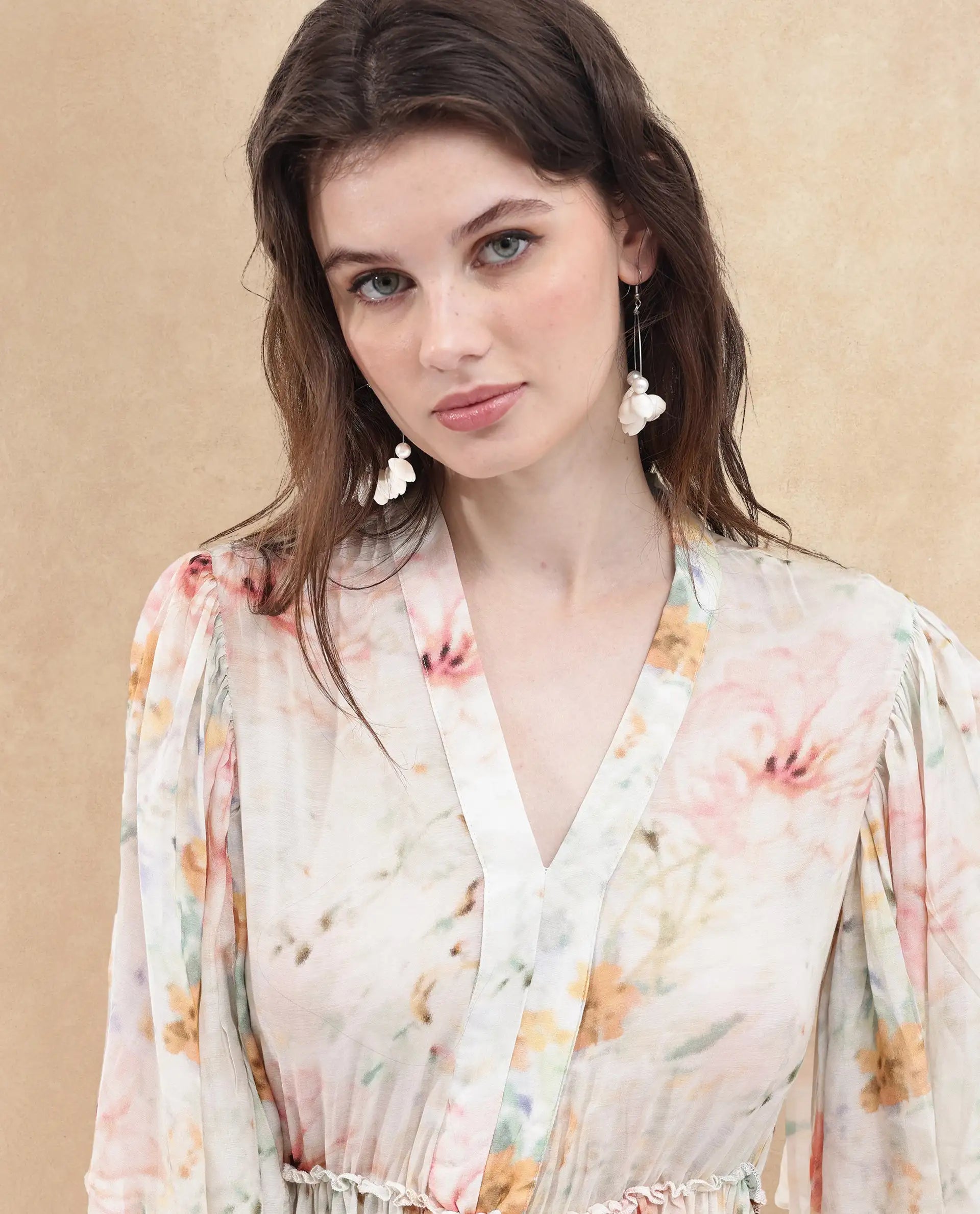 Rareism Women's Zenya Off White Polyester Blend V-Neck Floral Print Flared Sleeve Maxi Flared Dress