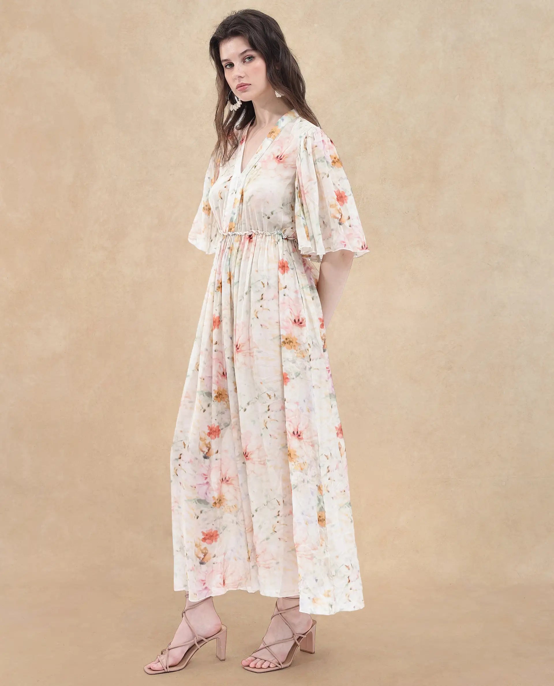 Rareism Women's Zenya Off White Polyester Blend V-Neck Floral Print Flared Sleeve Maxi Flared Dress