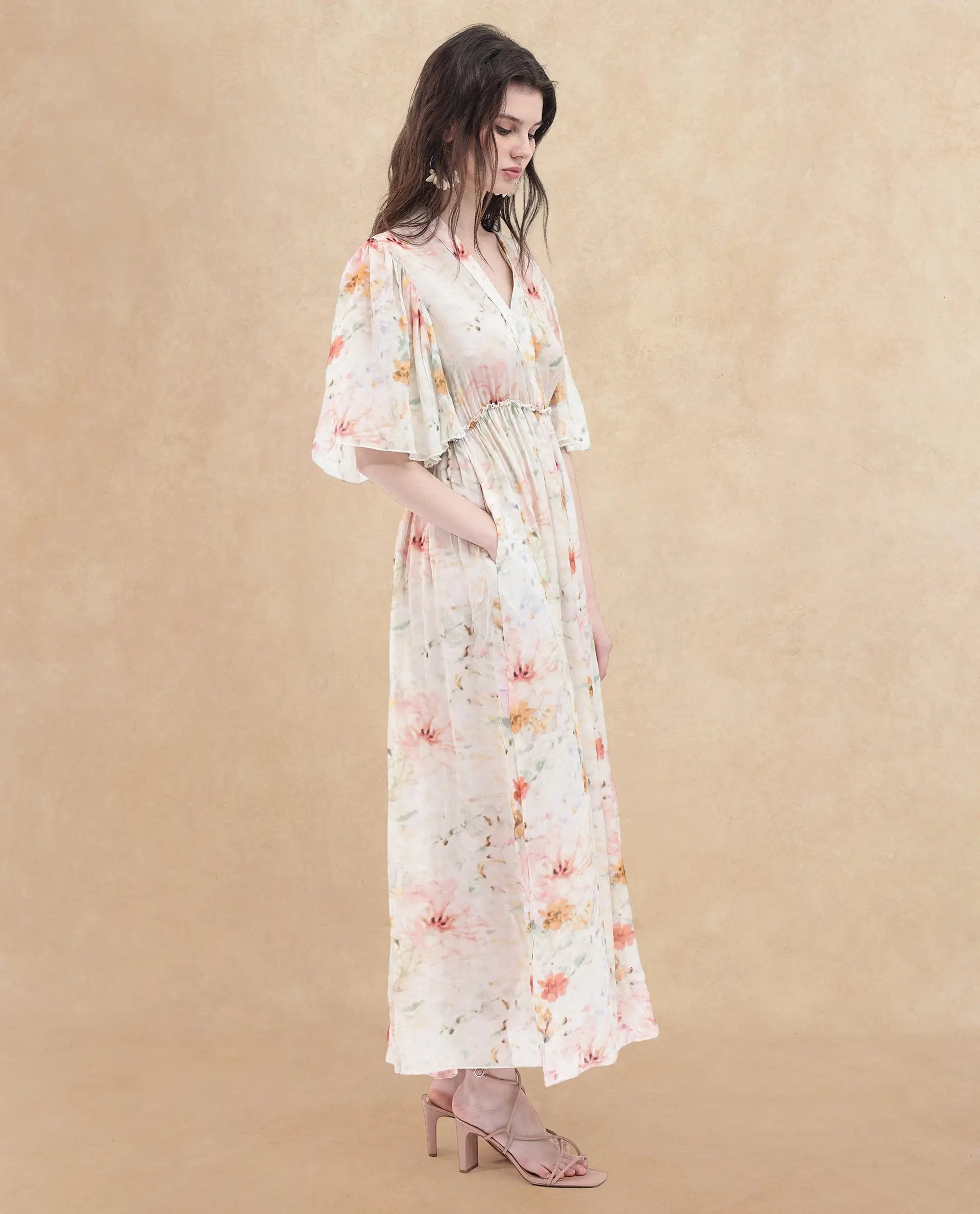 Rareism Women's Zenya Off White Polyester Blend V-Neck Floral Print Flared Sleeve Maxi Flared Dress