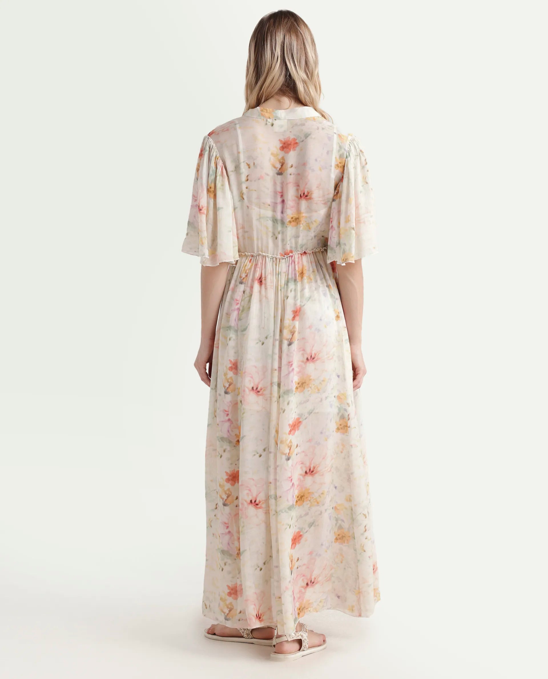 Rareism Women's Zenya Off White Polyester Blend V-Neck Floral Print Flared Sleeve Maxi Flared Dress