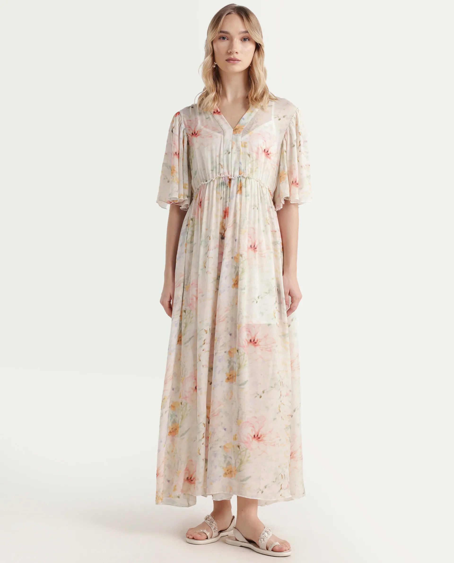 Rareism Women's Zenya Off White Polyester Blend V-Neck Floral Print Flared Sleeve Maxi Flared Dress