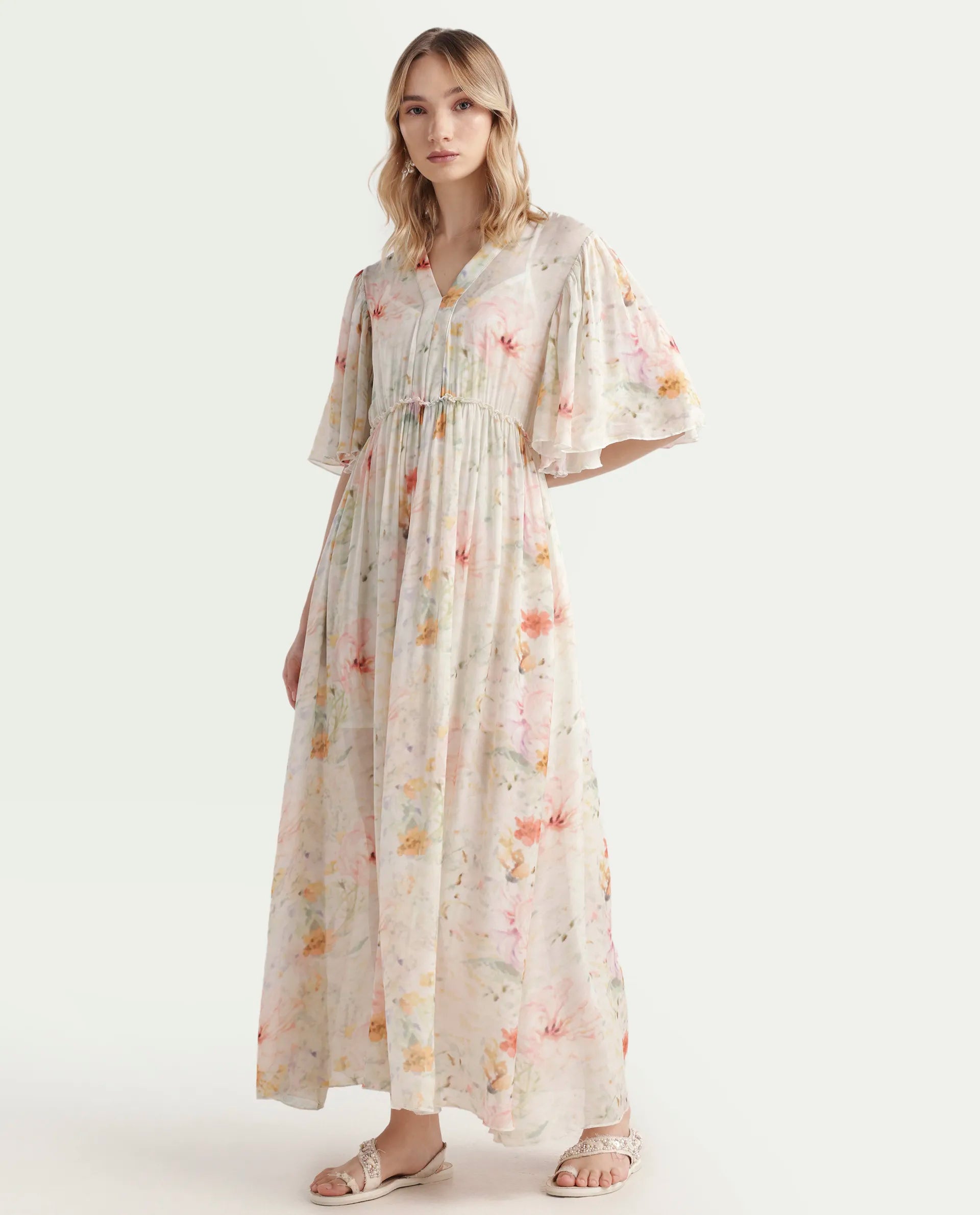 Rareism Women's Zenya Off White Polyester Blend V-Neck Floral Print Flared Sleeve Maxi Flared Dress