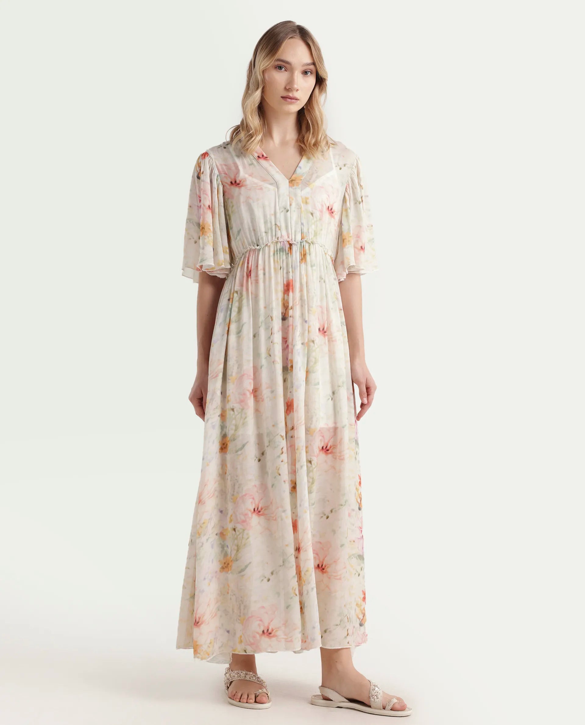 Rareism Women's Zenya Off White Polyester Blend V-Neck Floral Print Flared Sleeve Maxi Flared Dress