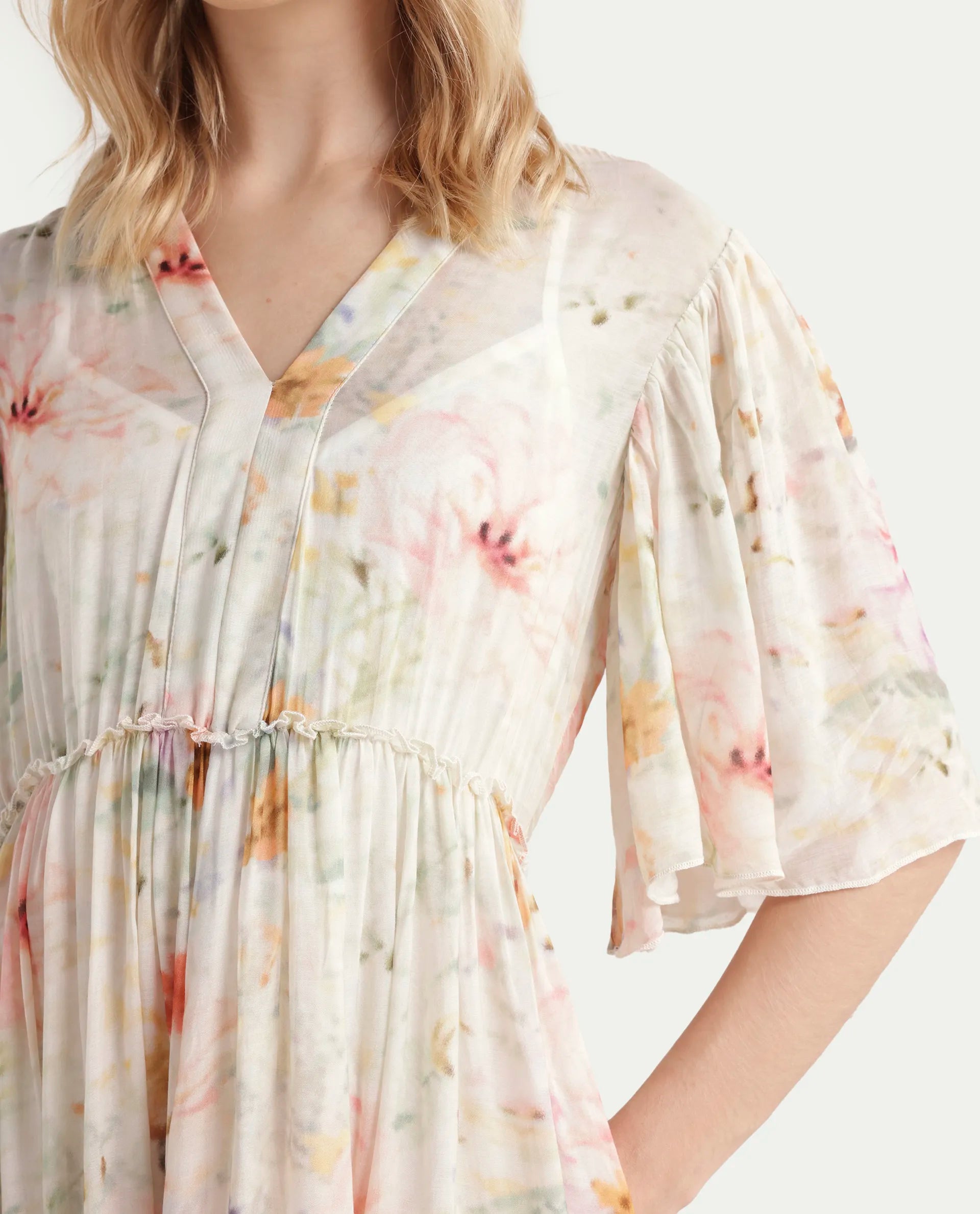 Rareism Women's Zenya Off White Polyester Blend V-Neck Floral Print Flared Sleeve Maxi Flared Dress