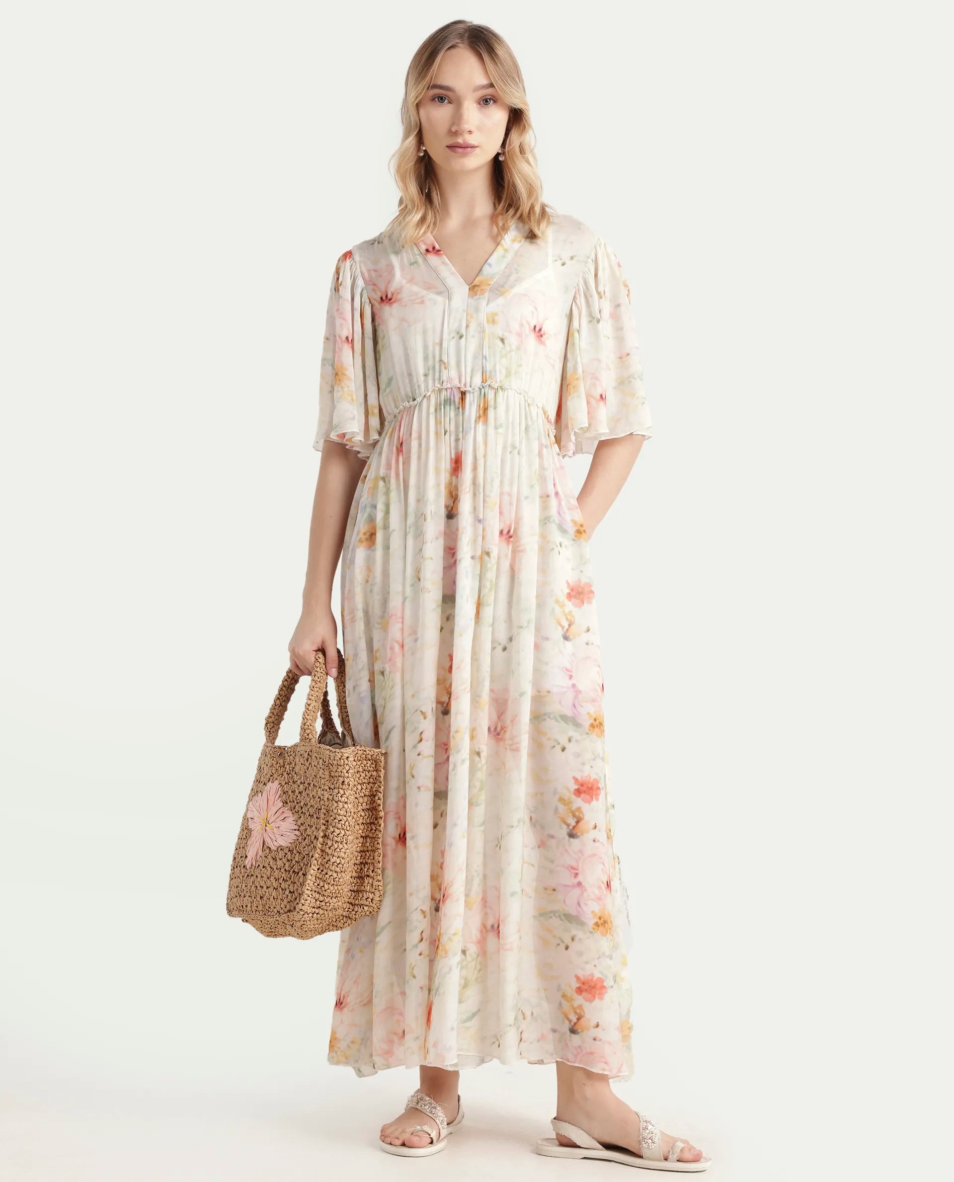 Rareism Women's Zenya Off White Polyester Blend V-Neck Floral Print Flared Sleeve Maxi Flared Dress