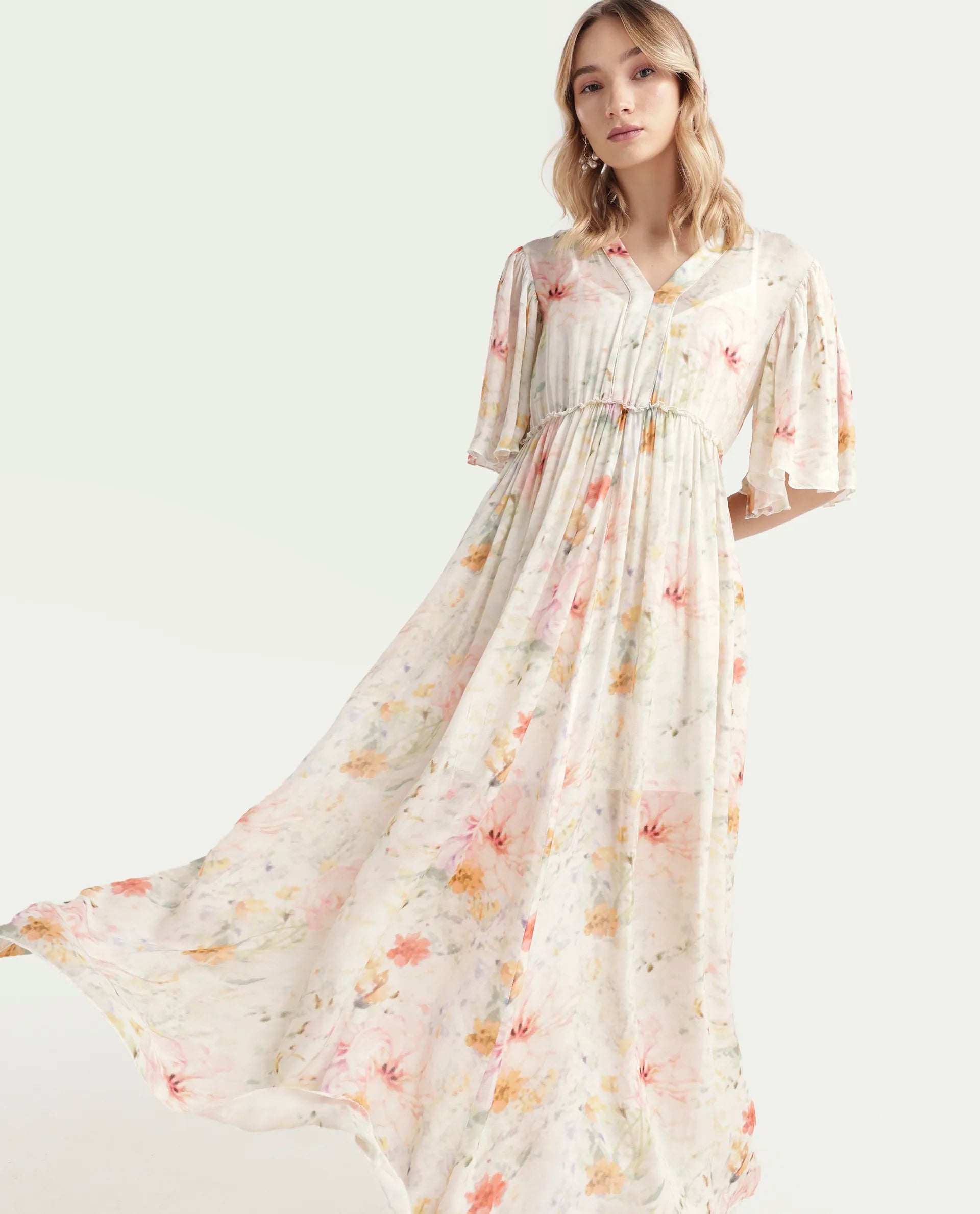Rareism Women's Zenya Off White Polyester Blend V-Neck Floral Print Flared Sleeve Maxi Flared Dress