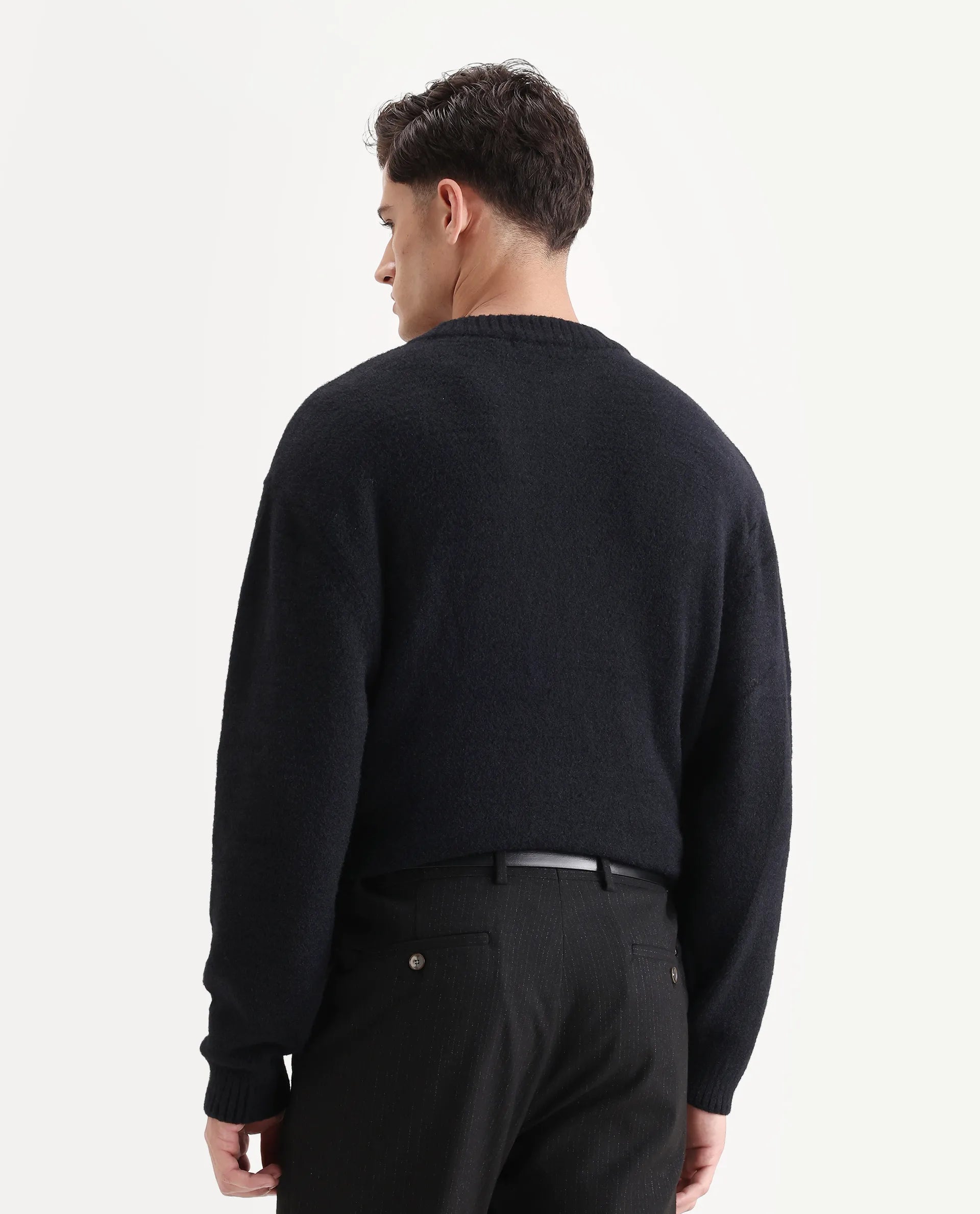 Rare Rabbit Men's Zeo-1 Black Nylon Plain Regular Fit Full Sleeve Crew Neck Sweater